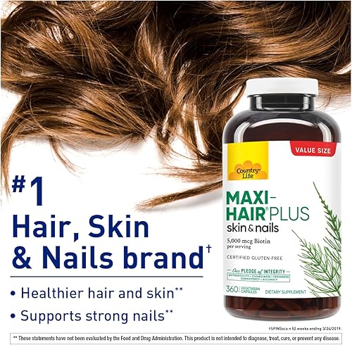 Miniatura 2 de Country Life Maxi-Hair Plus 5000 mcg de biotina, 360 cápsulas, certificado sin gluten, certificado vegetariano