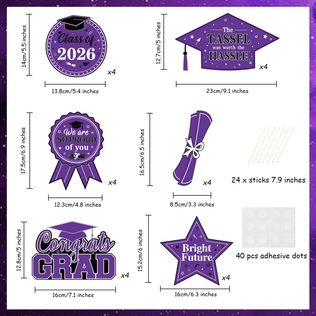 24 Pieces Purple Black Graduation Party Centerpiece Sticks 2026, We are So Proud of You Decorations, Congrats Grad Table Toppers Sign for Class of 2026 Graduation Party Supplies