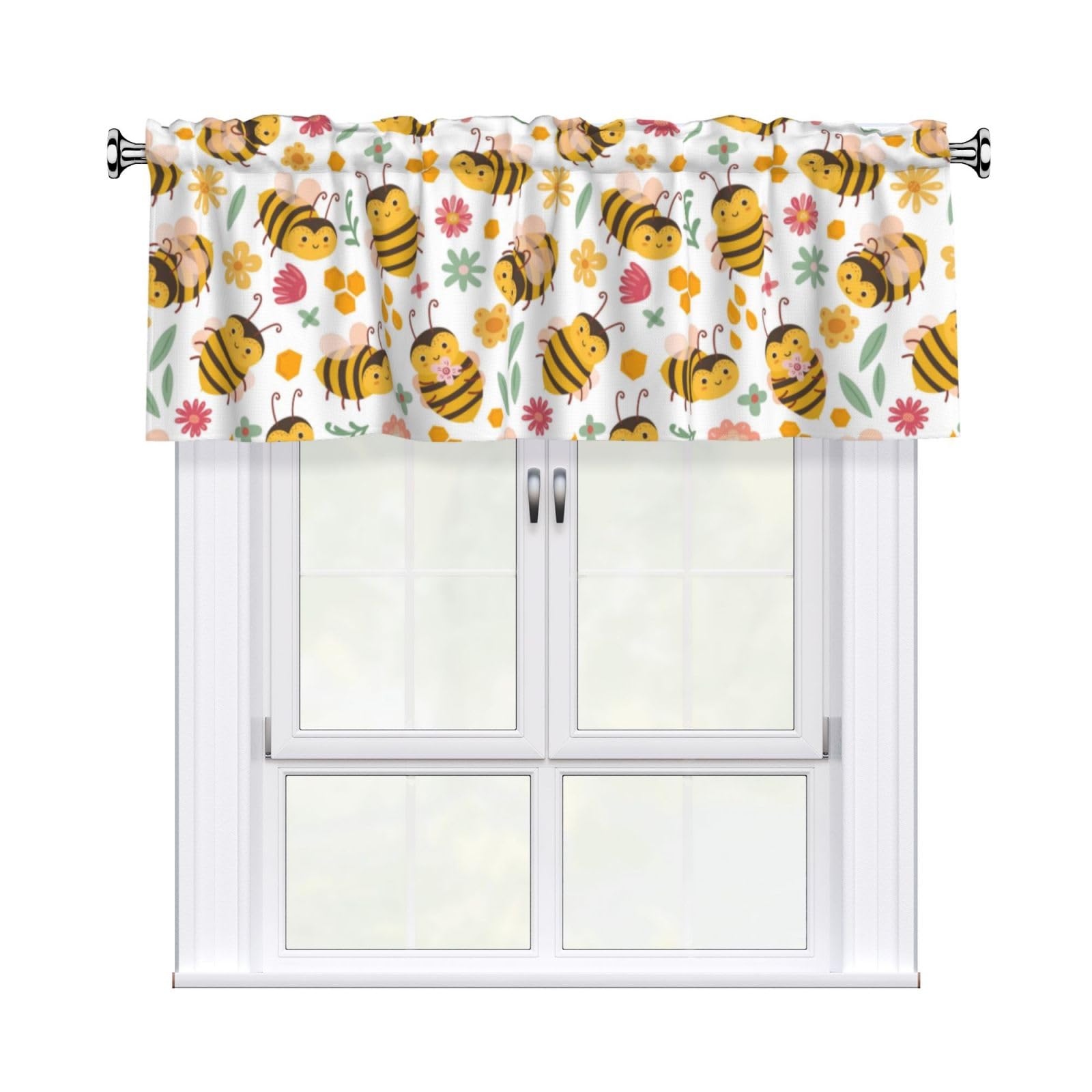 Noble Ren Cartoon Bee Flower Sea Short Curtain Valance 54x18in For Kitchen Bathroom Cafe Living Room Decoration