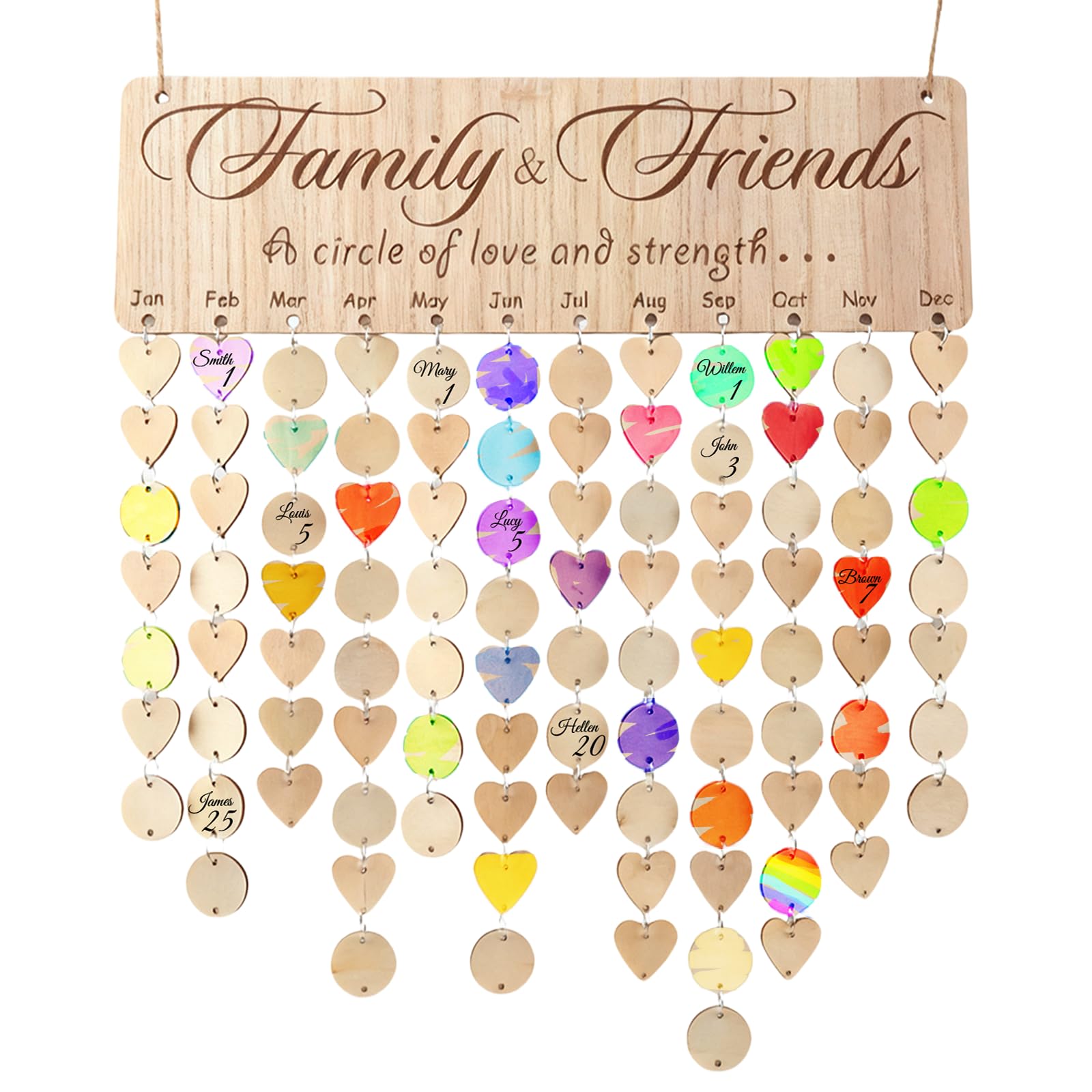 Tableau d'anniversaire familial avec 100 étiquettes en bois | calendrier mural en bois à suspendre pour rappeler les anniversaires, excellent cadeau pour Noël ou un anniversaire