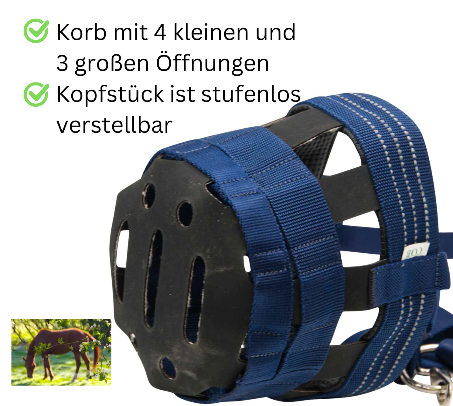 AMKA Maulkorb Fressbremse für Pferde mit Gummieinsatz, Kopfstück stufenlos verstellbar, dunkelblau Größen lt. Maßtabelle