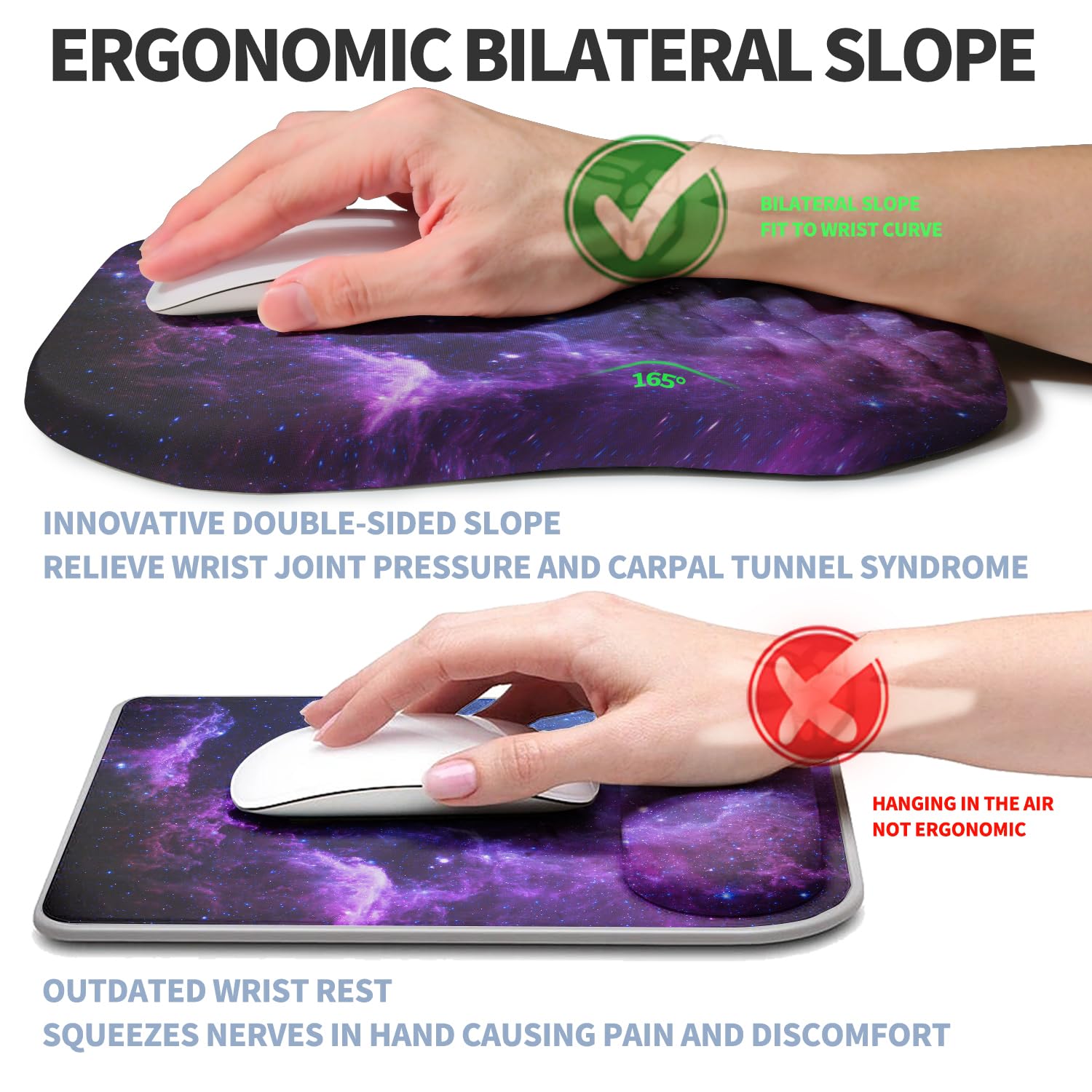Tappetino per mouse ergonomico rialzato, supporto per il polso con pendenza bilaterale in memory foam, per poggiapolsi e tunnel carpale, sollievo dal dolore, 30 x 18 cm, Galaxy