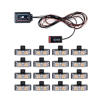 Anzios Set 16pcs Amber 2-LED Grille Strobe Light with Clips Control Box Pattern Mode Indicate Switch For Warning Emergency Car Pickup Truck Van