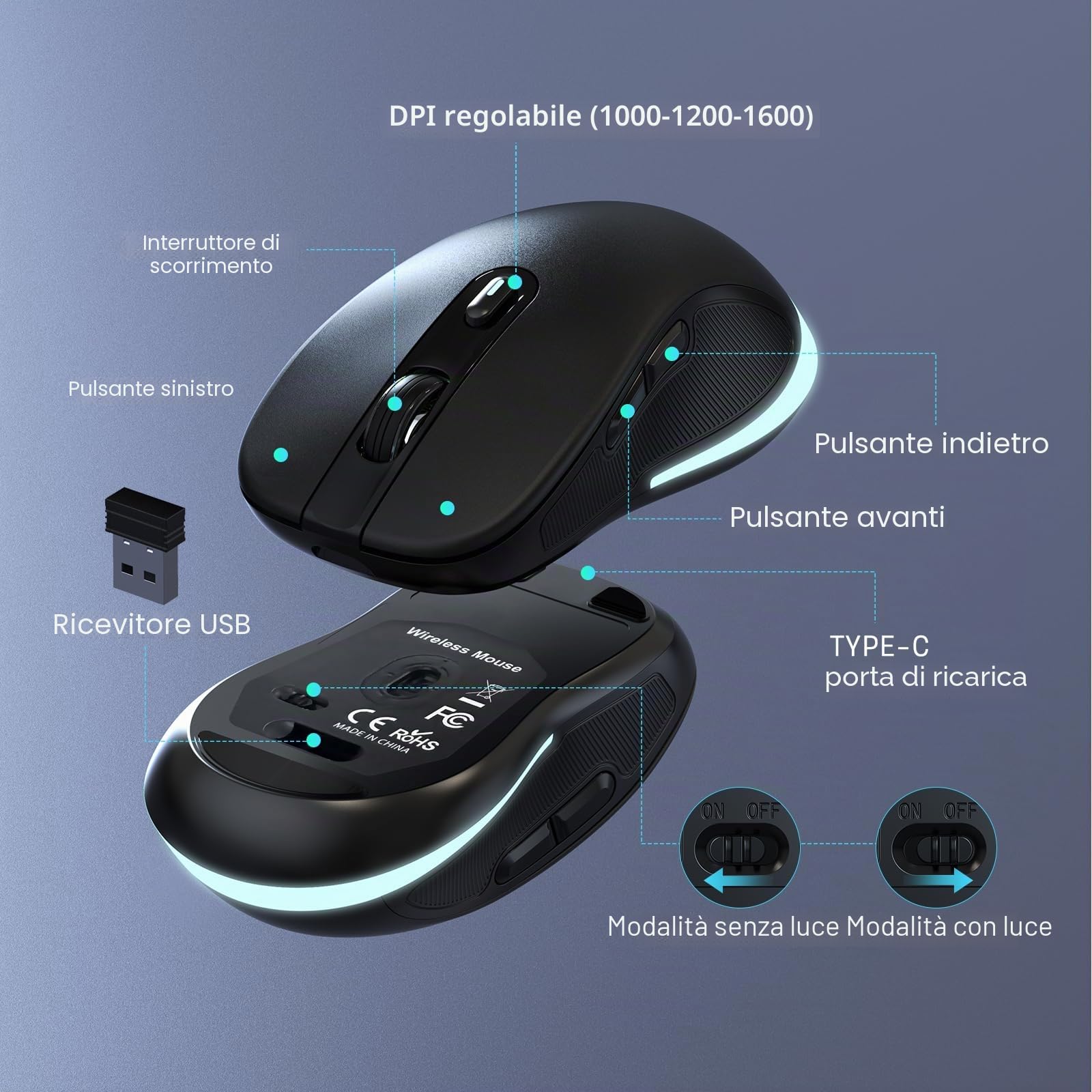 Tastiera e mouse wireless con stampa grande, tastiera retroilluminata a 7 colori, tasti con lettere oversize, facile da vedere e digitare, tastiera e mouse ricaricabili con tasto luminoso, compatibile