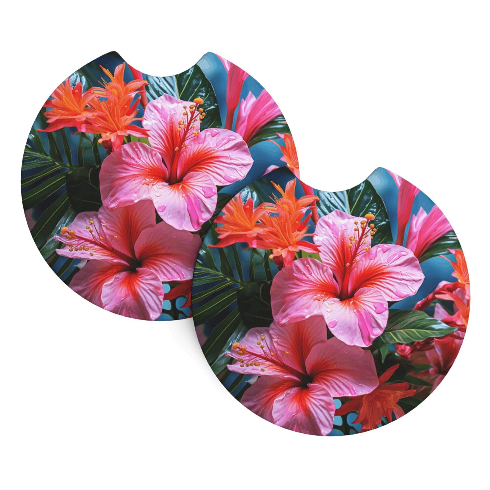 2 Pack Car Coaster for Cup Holders Pink Flower Tropical Plant Car Cup Coaster 2.7" Neoprene Non-Slip Automotive Cup Mat Universal Auto Car Interior Accessories for Women Men Cup Pad