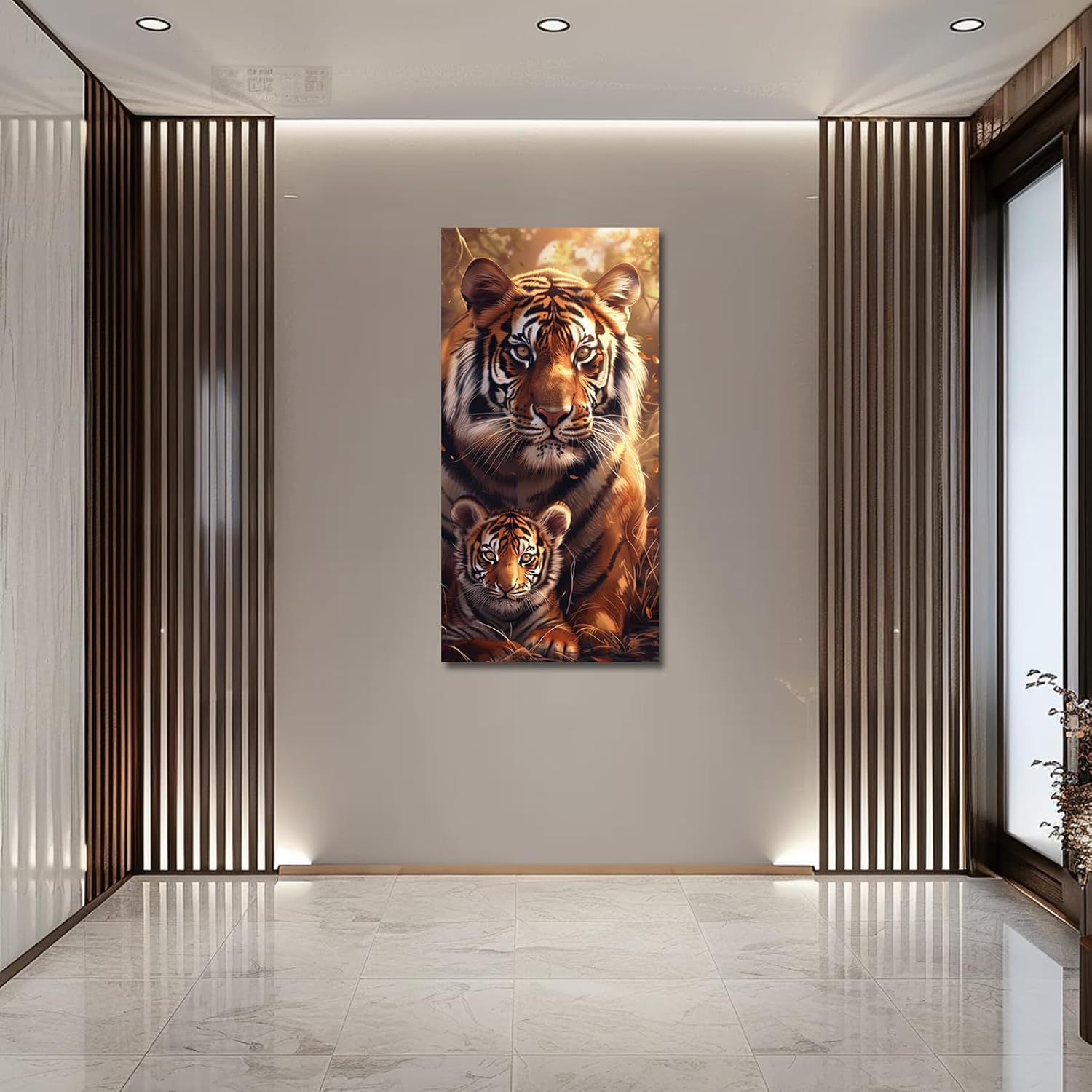 PBXBJY Tiger Canvas Wall Art Tiger and Cub Painting Prints Baby Animals Poster Forest Wildlife Portrait Picture for Home Office Nursery Decor Framed (12.00" x 24.00")