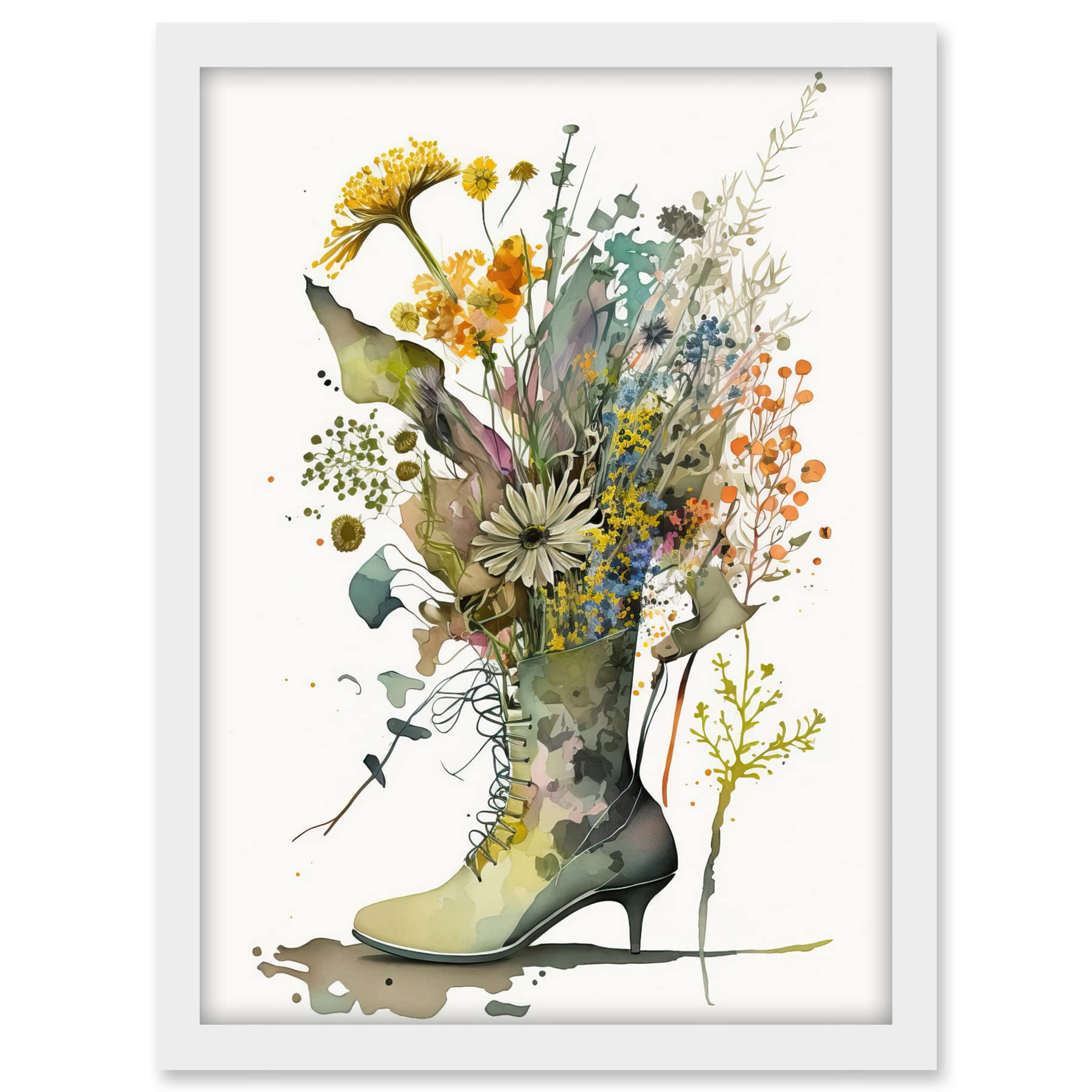 Artery8 Spring Wildflower Bouquet Stiletto Military Boot Artwork Framed A3 Wall Art Print