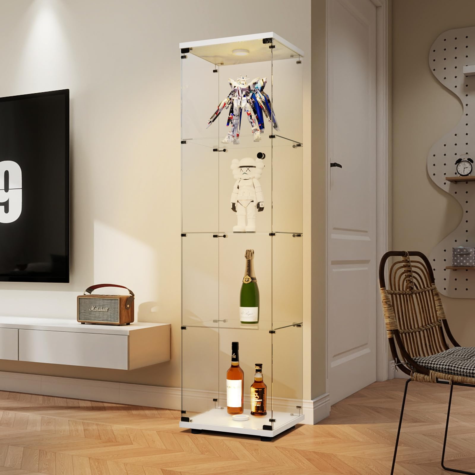 Vitrina de Cristal con LED, Armario para colección con 1 Puerta, 4 estantes, Transparente, gabinete, Vitrina, Cristal, Vitrina, estatuilla, gabinete, Vitrina, salón, Bar (4 Pisos,1 Puerta