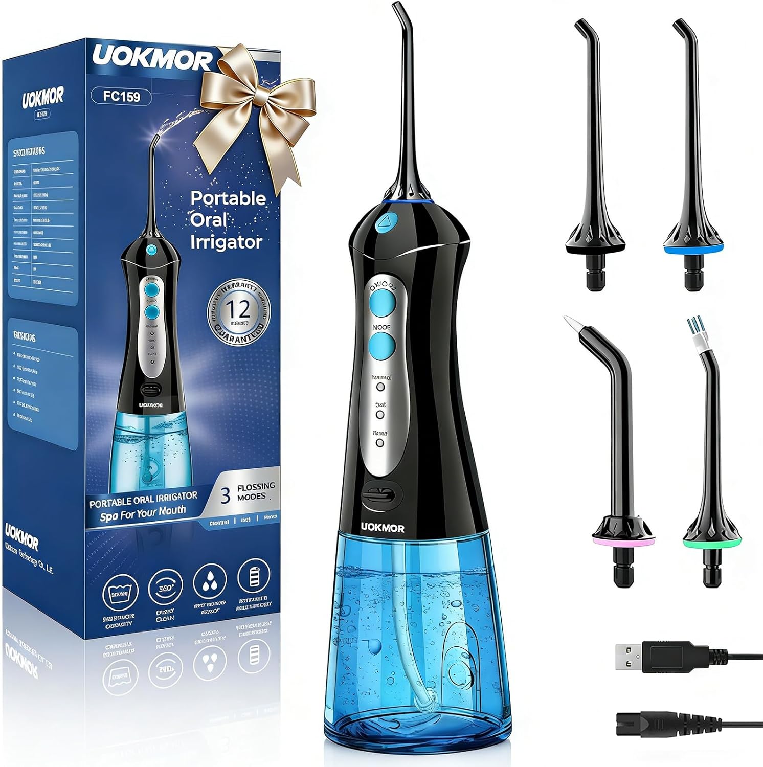 Uokmor Cordless Water Dental Flosser: 3 Modes 30-100 PSI, IPX7 Waterproof, 300ml Tank, Portable Rechargeable Oral Irrigator for Braces & Travel
