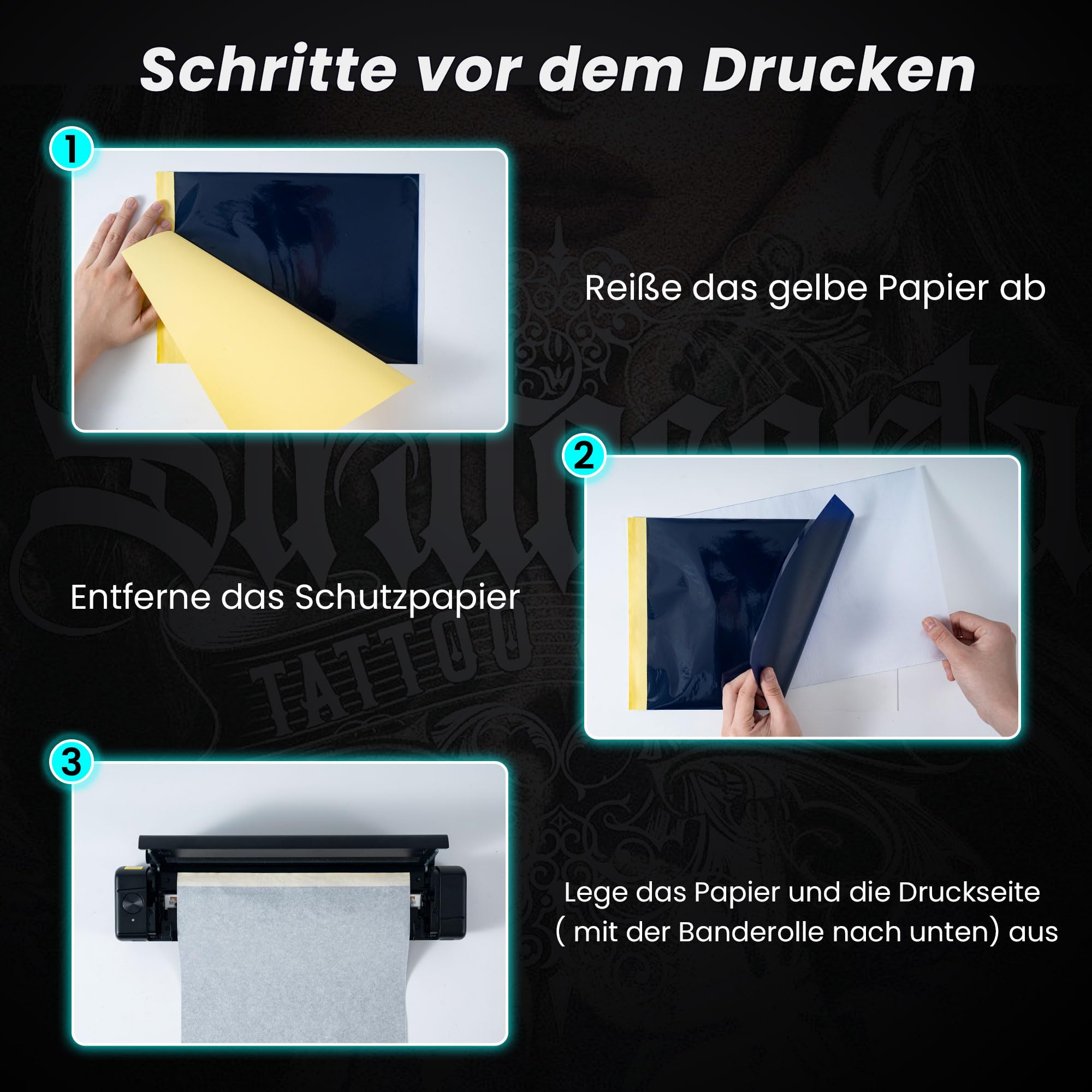 TATTMUSE Tattoo Drucker Bluetooth, Schablone Drucker mit 10 Stück Papier, A887 Stencil Drucker mit Smartphone & PC, Tattoo Transfer Nadeldrucker für Tattoo Künstler und Anfänger, Schwarz