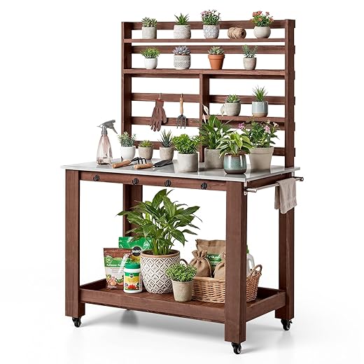 VEVOR Potting Bench Table, Outdoor Gardening Workstation with 45 x 26 in Stainless Steel Tabletop, Storage Shelves, 4 Casters, Hooks, Garden Planting Work Station for Outside Patio, Backyard, Brown