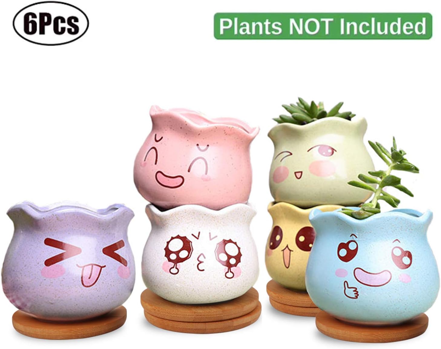Ufrount Ceramic Succulent Planter Pot with Drainage,Cartoon Expression Planter Pots,Planting Pot,Flower Pots for Mini Plant Ceramic Flowing Glaze Base Serial Set with Drainage Holes-Set of 6(6 Colors)