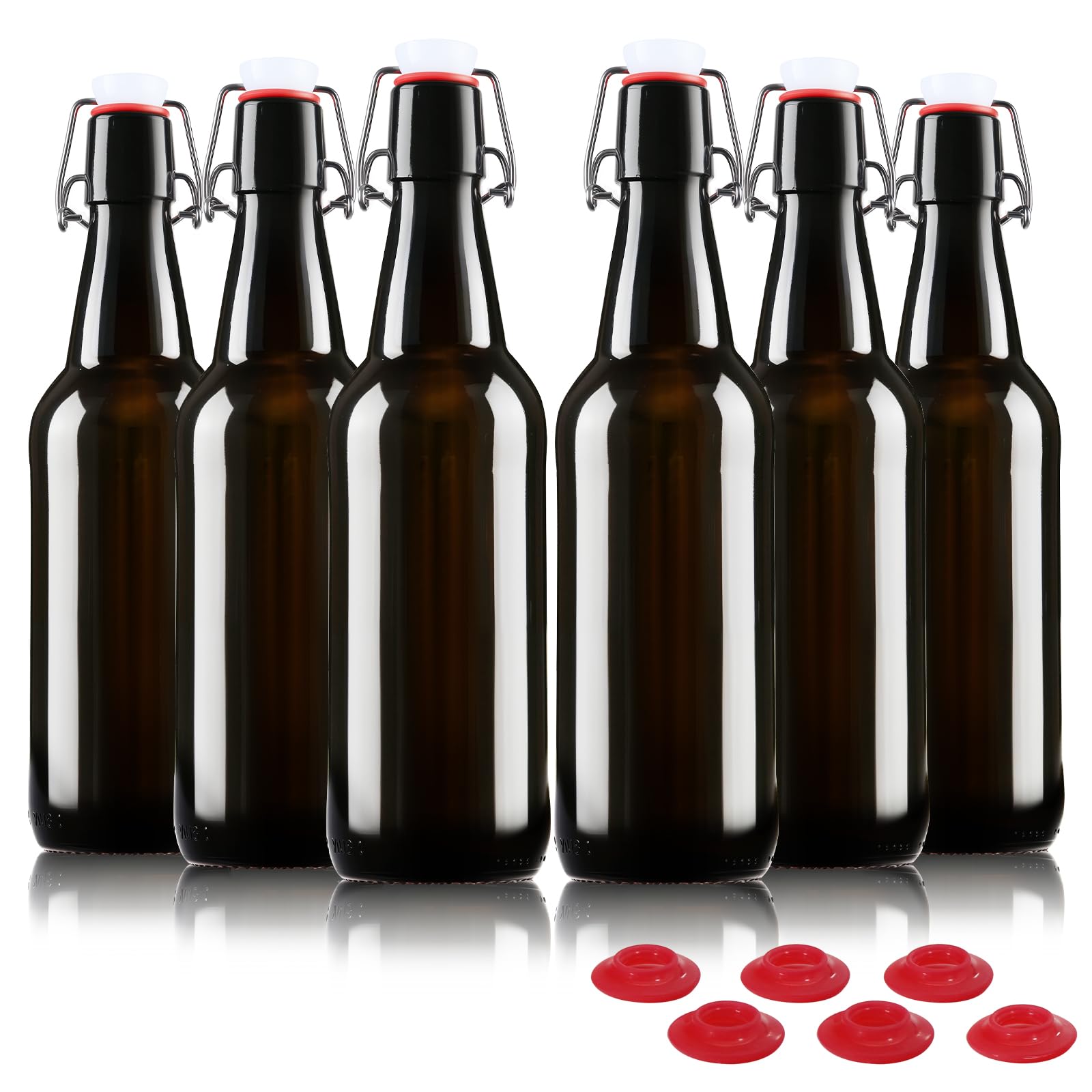 YEBODA 16 oz Amber Glass Beer Bottles for Home Brewing with Flip Caps, Case of 6