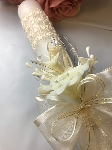 Miniatura 3 de OOKi - Vela de bautismo, flores, cristales, cruz de encaje y cinta, bautizo, día de bendición, vela de comunión, vela de ceremonia de bautizo (azul)