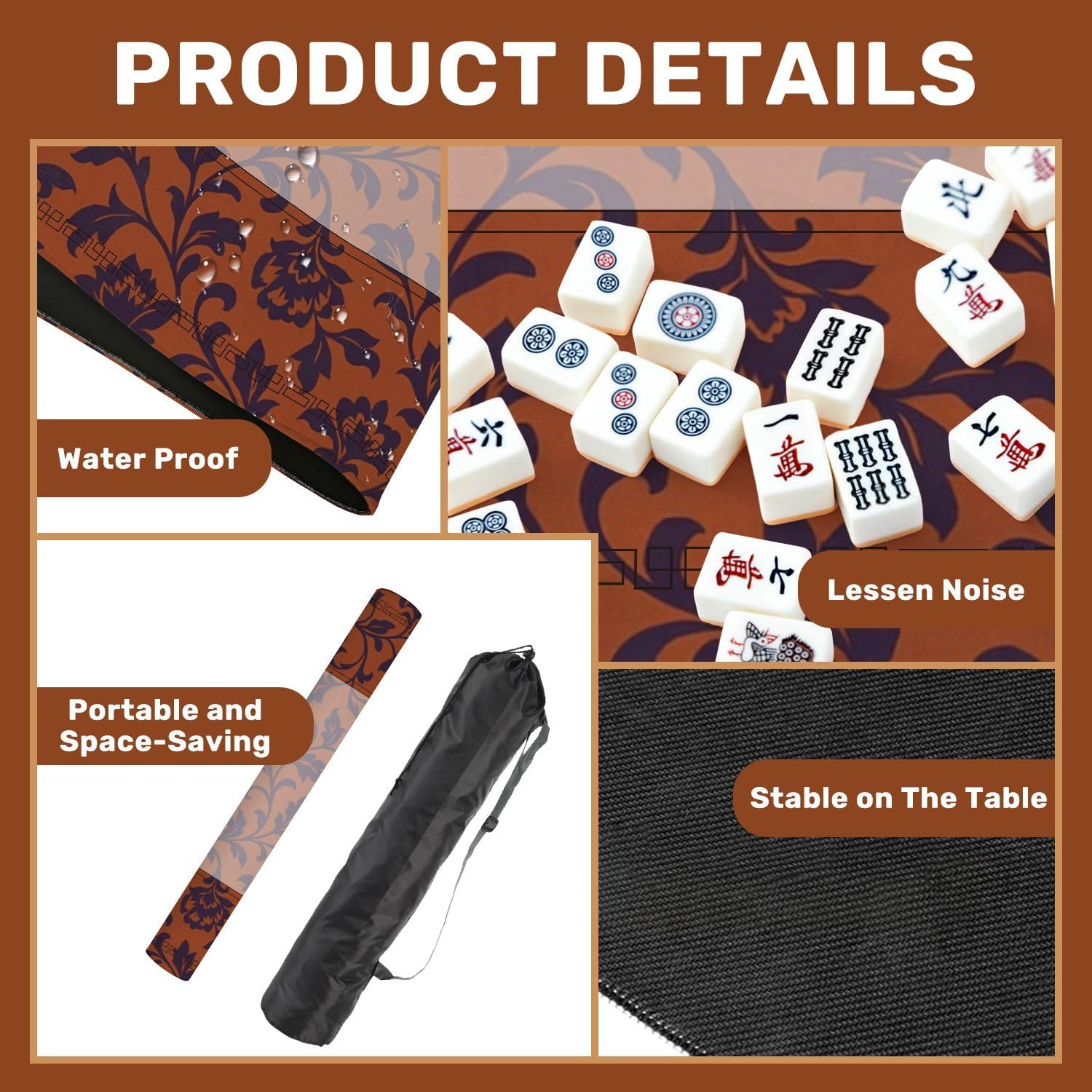 Mahjong Mat for Table Hand Drawn Batik Seamless Boho Floral Block Print 31.5" x 31.5" Non-Slip Noise-Reducing Game Mat Premium Mahjong Accessories for Poker Dominoes Board Games