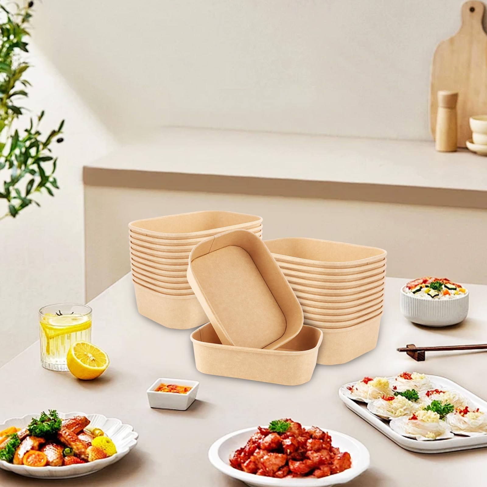 50 Pièces Boîte à Emporter Alimentaire 500ml, Boîte Kraft avec Couvercle PET Transparent, Boîte Hermétique Jetable pour Salade, Sushi et Plats Chauds, 171x120x43mm
