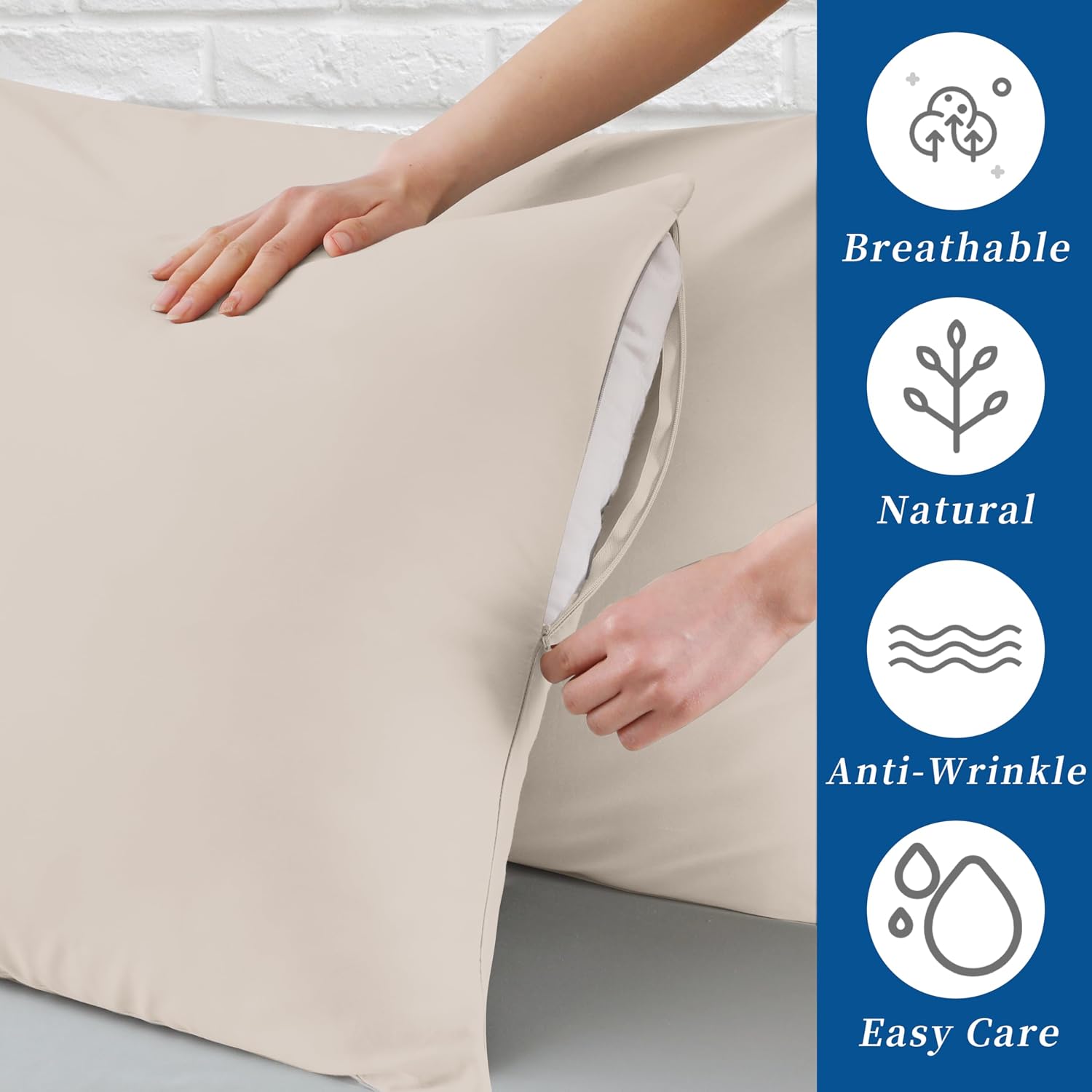 Standard Pillow Protector Set of 2, 100% Egyptian Cotton Cases With Zipper, 400 Thread Count Sateen Weave, Light Beige, Standard Size Covers for Home/Hotel