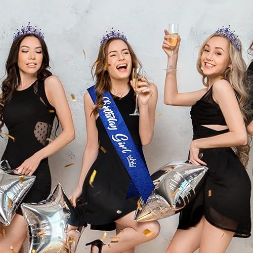 Miniatura 3 de SuPoo Coronas de cumpleaños para mujer, kit de banda y corona de cumpleaños, tiara de cumpleaños azul, corona de diamantes de imitación con peine