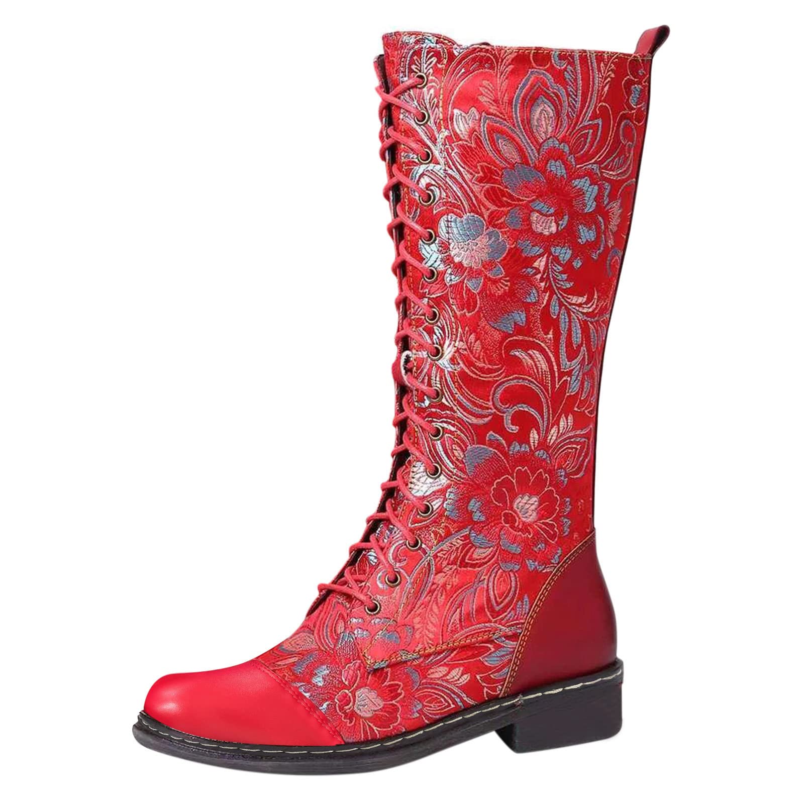 Stiefel für Damen, britische viktorianische Stiefel, klobige Schnürstiefeletten, Bunte Damen-Bikerstiefel, modische, ethnisch bestickte mittelhohe Stiefel, lässige Partyschuhe, Stiefeletten für Damen
