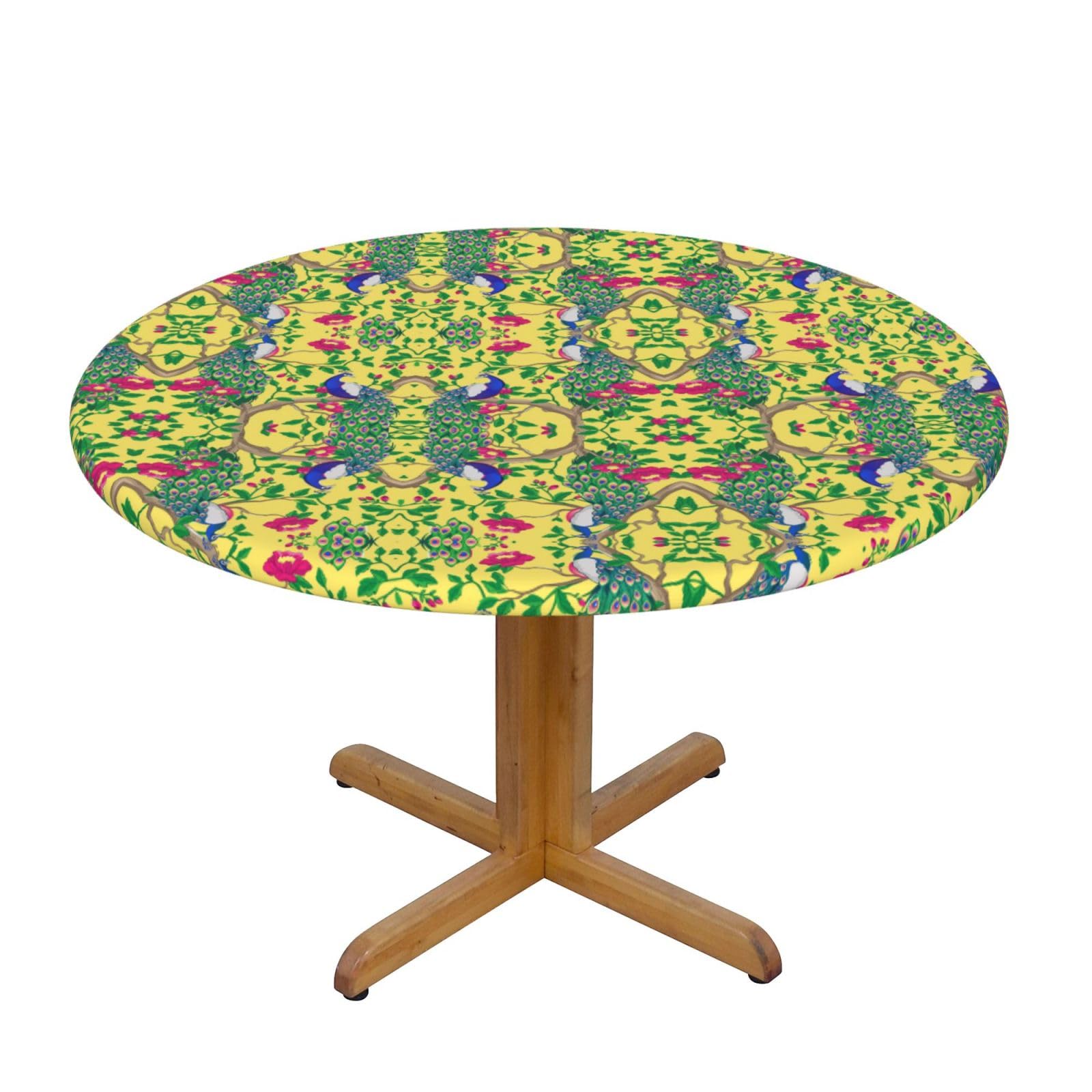 ESNAIUVCD Beautiful Peacock print Waterproof Round Tablecloth,Outdoor Table Cloth with Elastic Edged, Elastic Tablecloth Wipeable, Garden Table Cloth Suitable for sizes 90cm-140cm