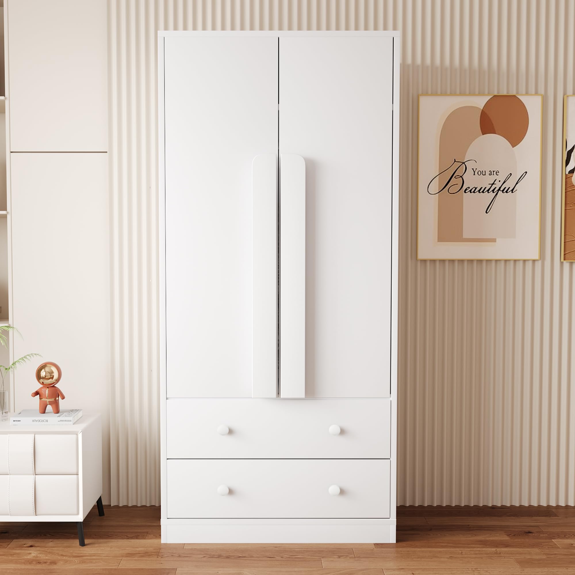 Armario de 70 x 40 x 170 cm, diseño de puertas dobles, con cajones y estantes (blanco)