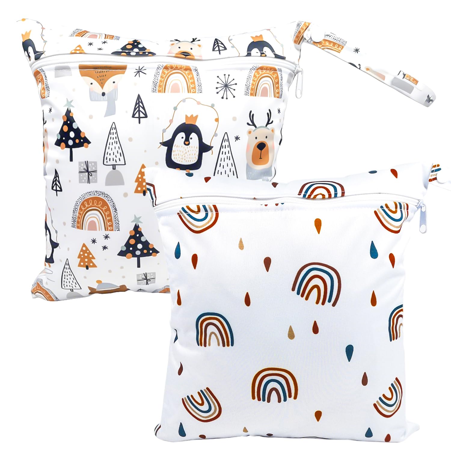 2 Paquetes Bolsa Seca Impermeable para la natación Reutilizable, con Cremallera, para artículos de bebé, Ropa, Gimnasio (Pingüino + Arcoíris)