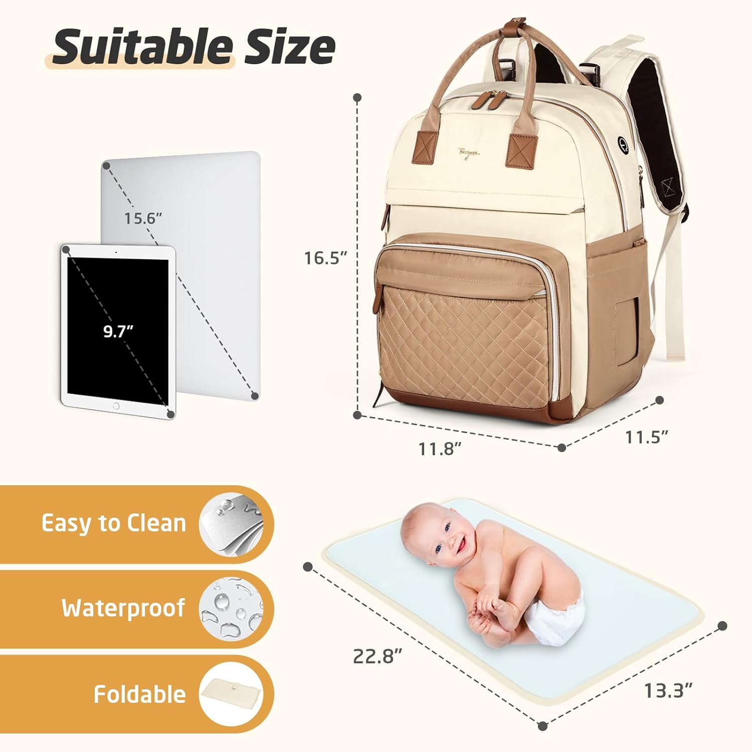 Diaper Bag Backpack - Extra Large Diaper Bag for 2 Kids Twin, Travel Baby Bags for Mom Dad 25-37L Expandable with Changing Pad Earphone Hole, Apricot Beige - Image 6