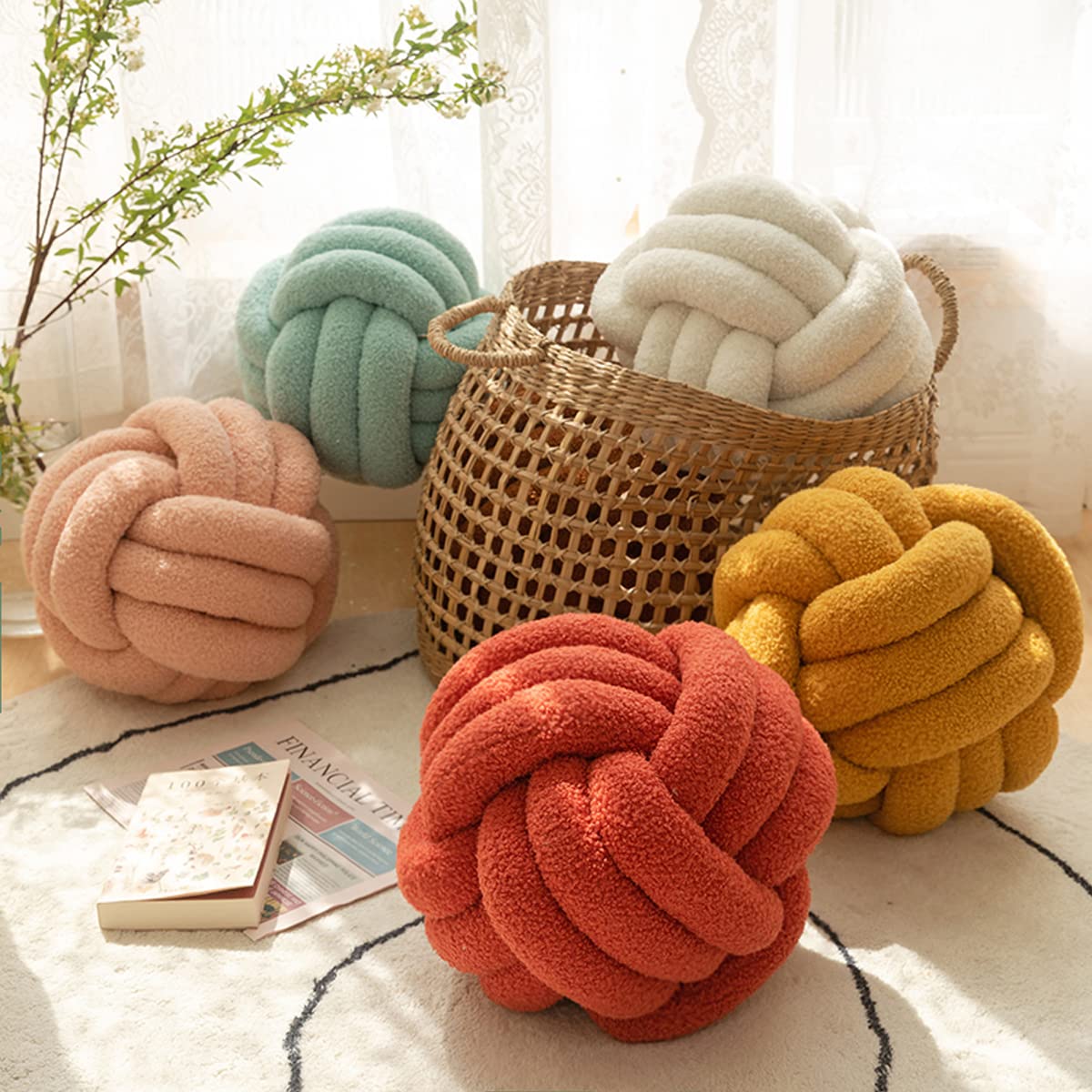 Knotenkissen, Ball, rund, weiß, Knotenkissen, weiches Heimdekorationskissen, Bouclé, Kreis, geknotetes Kissen, handgefertigtes Wurfkissen, Akzentkissen für Couch, Sofa, Schlafzimmer, 24,9 cm