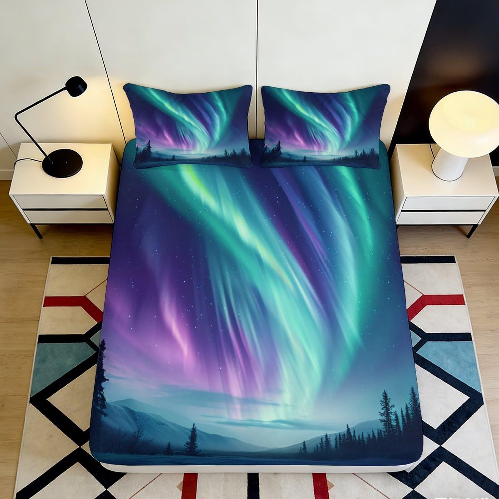 Pnayamiorkfel Style-8 3D Printed Aurora Borealis Fitted Sheet Microfiber Soft Durable Northern Lights Bed Cover For Bedroom Guest Room Mattress Protection 90X200x25cm