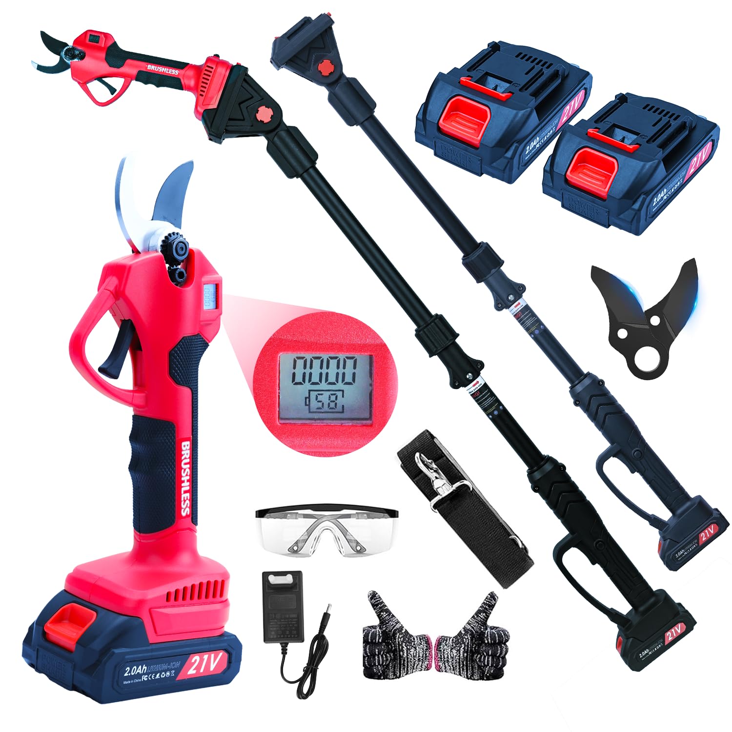 Tijeras de podar telescópicas con batería, 2 en 1 Tijeras de jardín eléctricas con 2 baterías de 2000mAh, pantalla LCD, mango telescópico para poda de árboles cortador de ramas