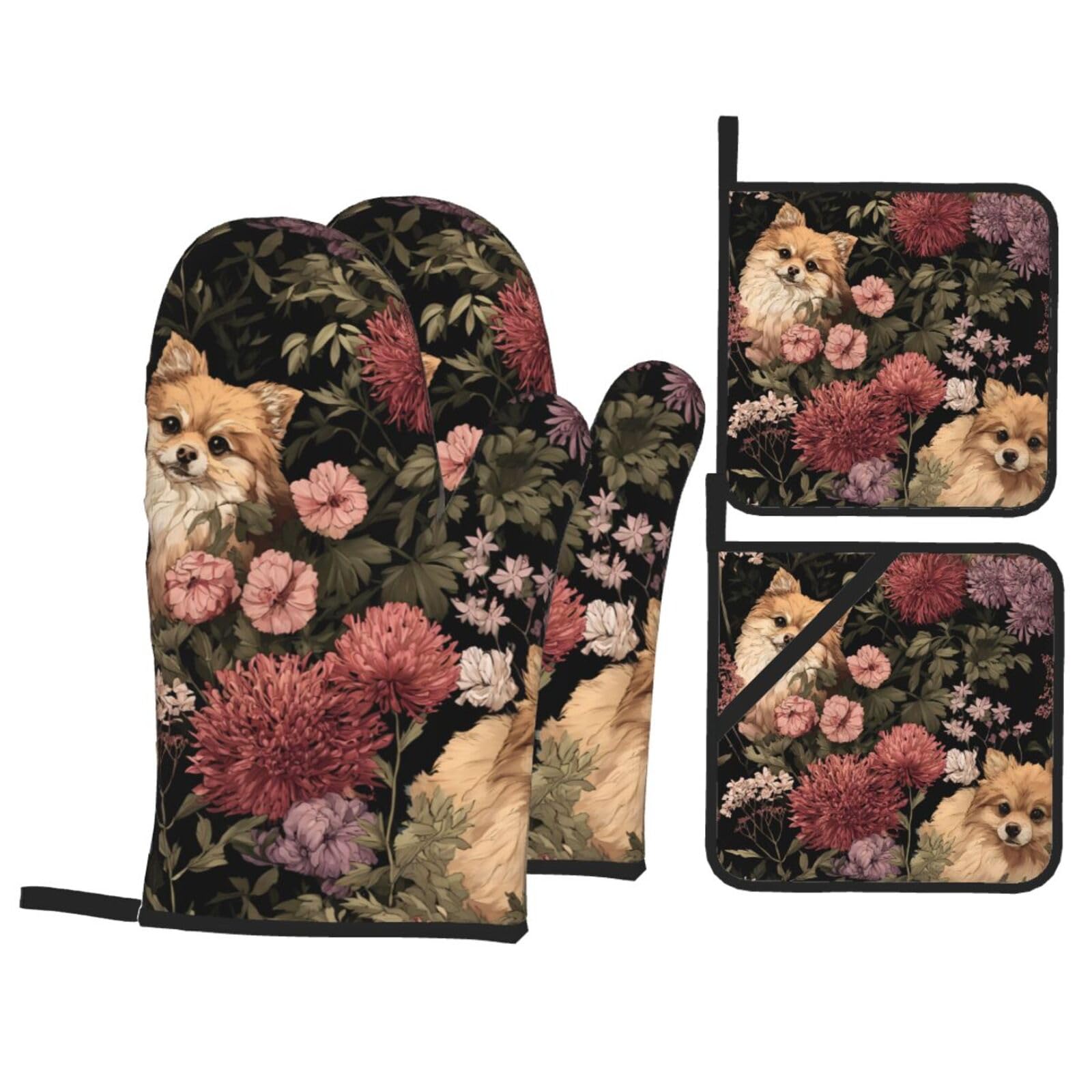 HJFCZH Pomeranian and Flowers Picture Kitchen Baking Set of 4 Thick Insulated Oven Mitt & Pot Holders, Anti-Scalding for Microwave, Oven, Outdoor BBQ