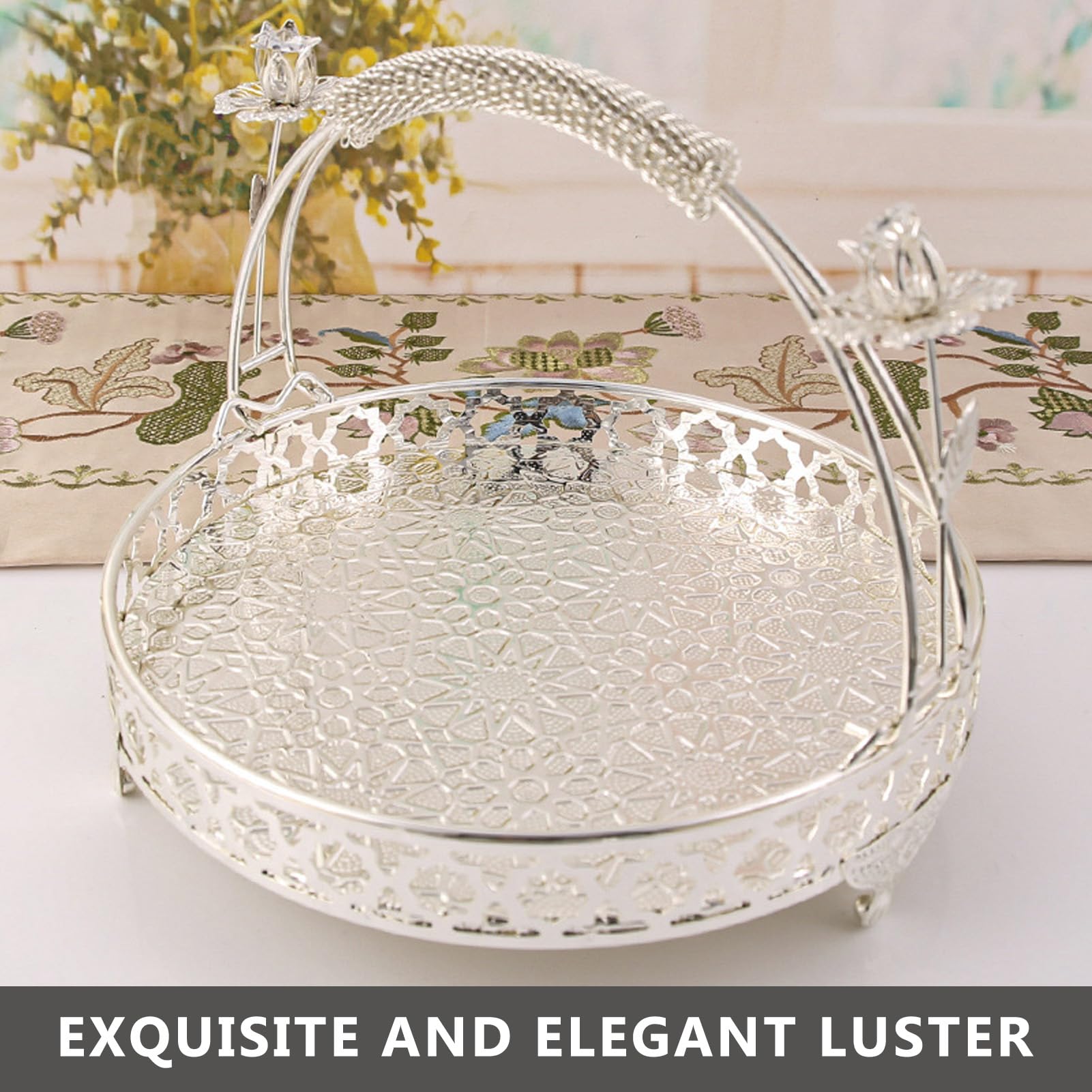 Metal Fruit Tray, Fruit Bowl Fruit Basket Candy Vegetables Holder Fruit Stand Desserts Tray Retro Round Decorative Tray with Handle(Silver)