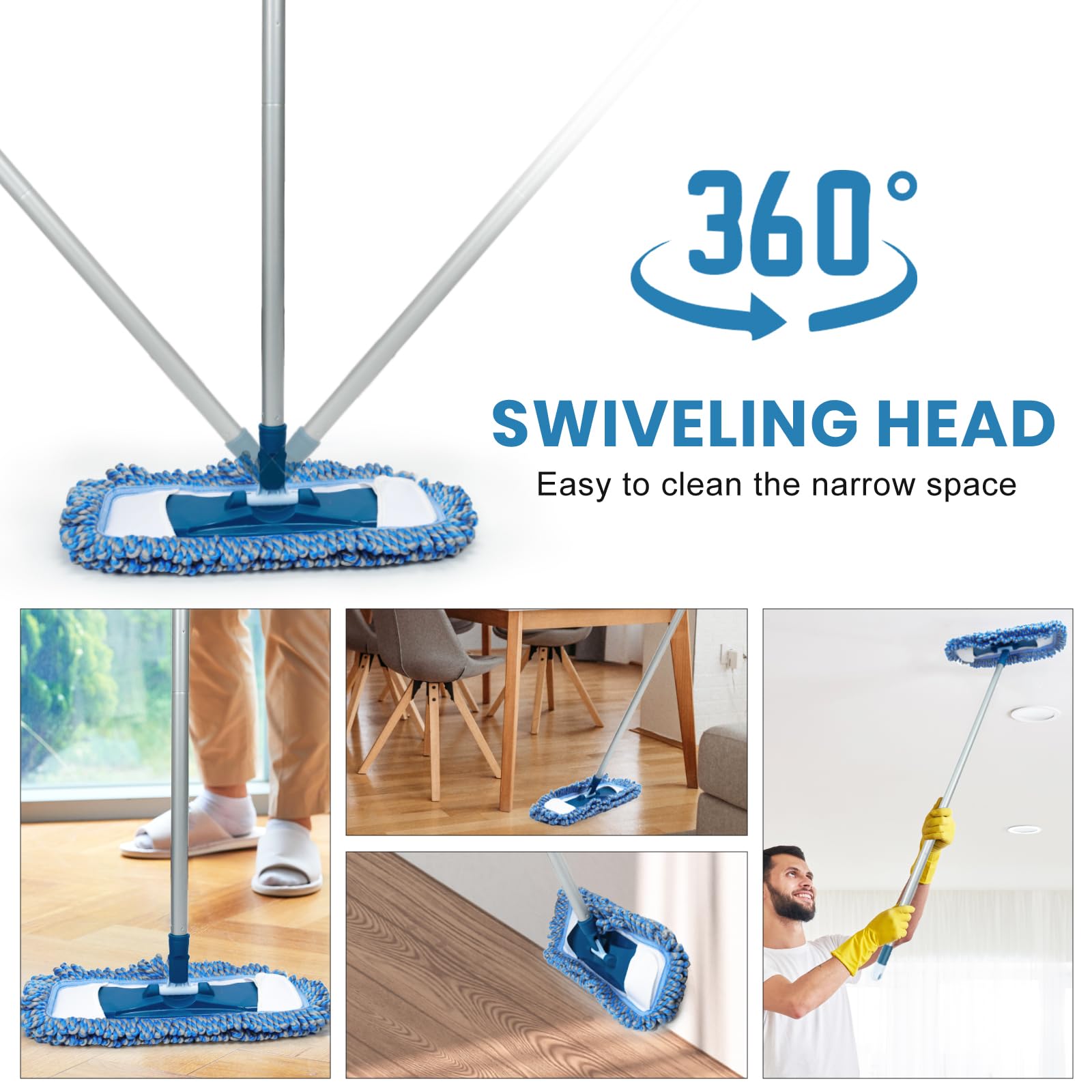 Trapeador de polvo para suelo de madera dura, lavable en húmedo y seco, con mango largo de 58 pulgadas, mopa de microfibra giratoria de 360° para madera, laminado y suelo de baldosas 2