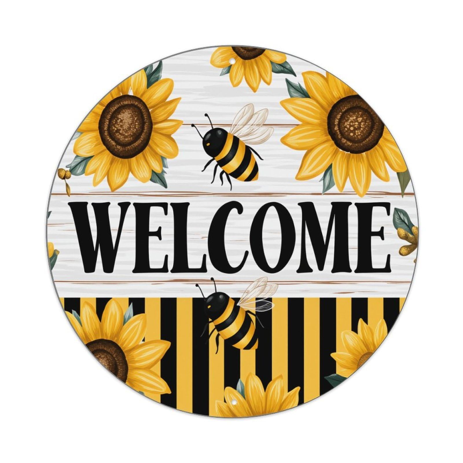 Sunflower Bee Welcome Stripe Pattern Round Tin Sign Retro Metal Sign for Cafe Bar Pub Home Game Room Gym Club Wall Decoration Vintage Metal Poster 8x8 Inch