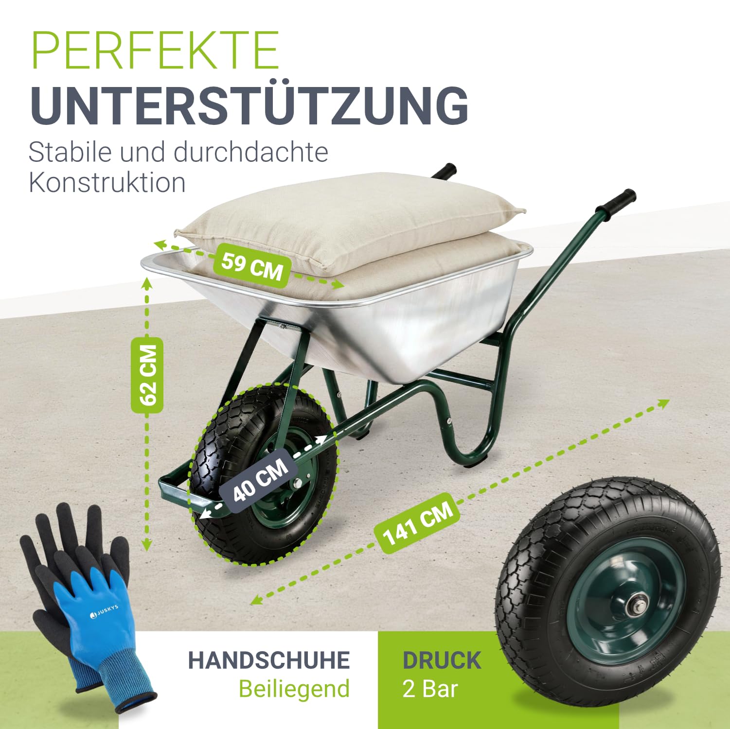 Juskys Schubkarre 100L, 250 kg – mit verzinkter Wanne, Luftreifen & Metall Felge, stabile Garten Schubkarre & Schiebkarre – Transportkarre Garden Silber
