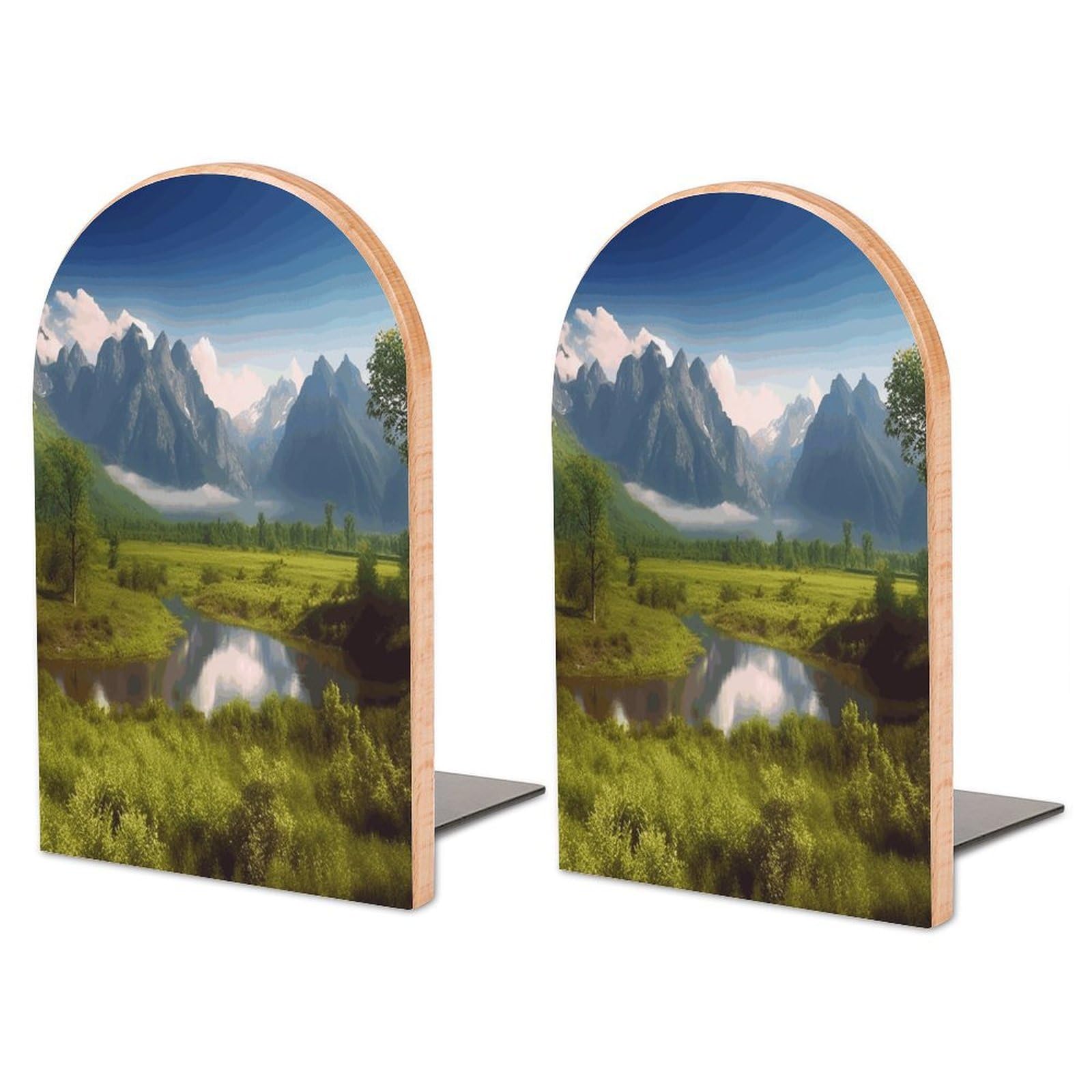 Beautiful Scenery Bookend for Shelves Non-Skid Book Holder Modern Heavy Duty Bookend Stopper Metal Base Wood Book End Books Shelf Holder Home Decorative 1pair 6.7x3.9x4.7