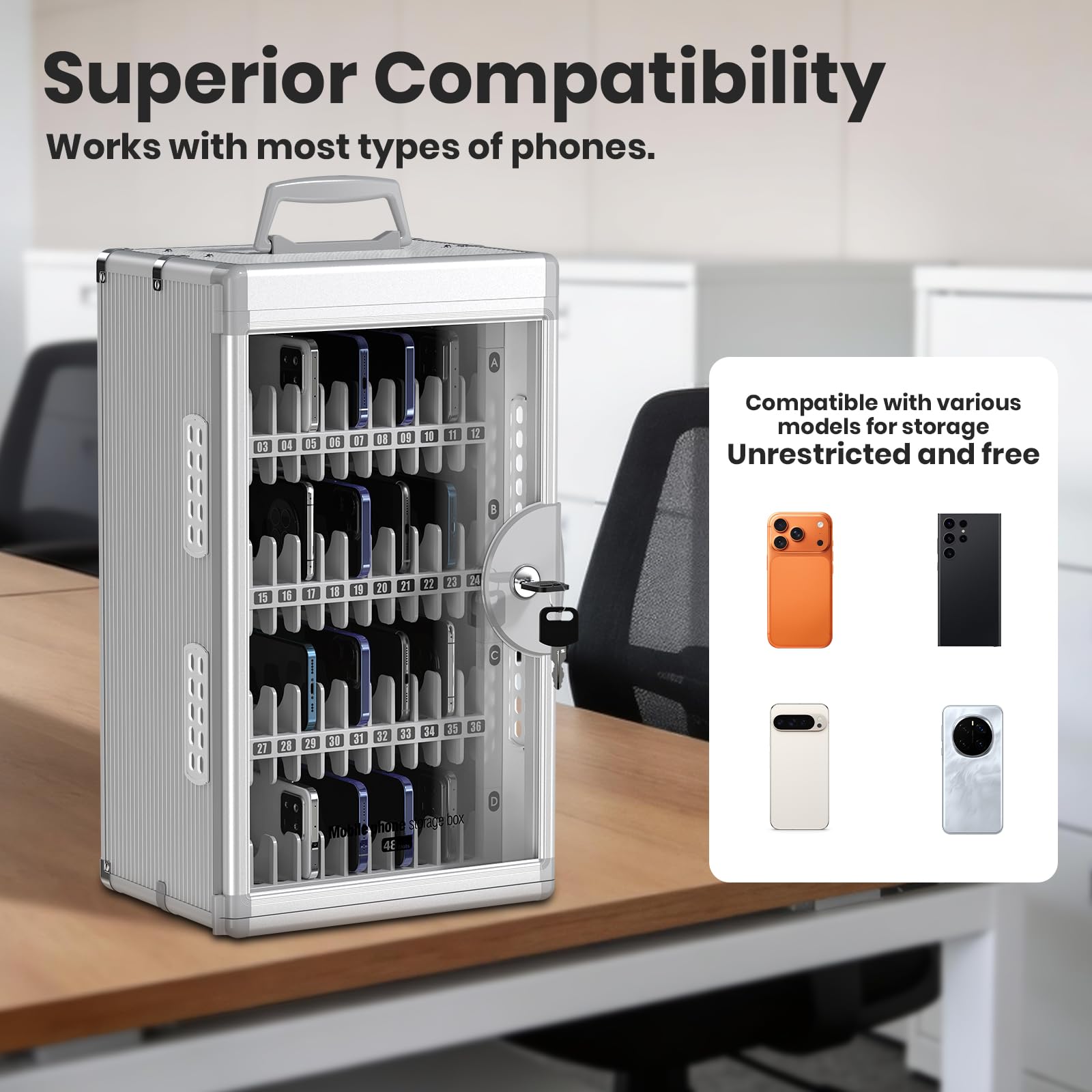 Glosen Casier pour Téléphones 48 Emplacements avec Serrure à Clé et Ports Recharge Type-C, Fixation Murale, Argenté