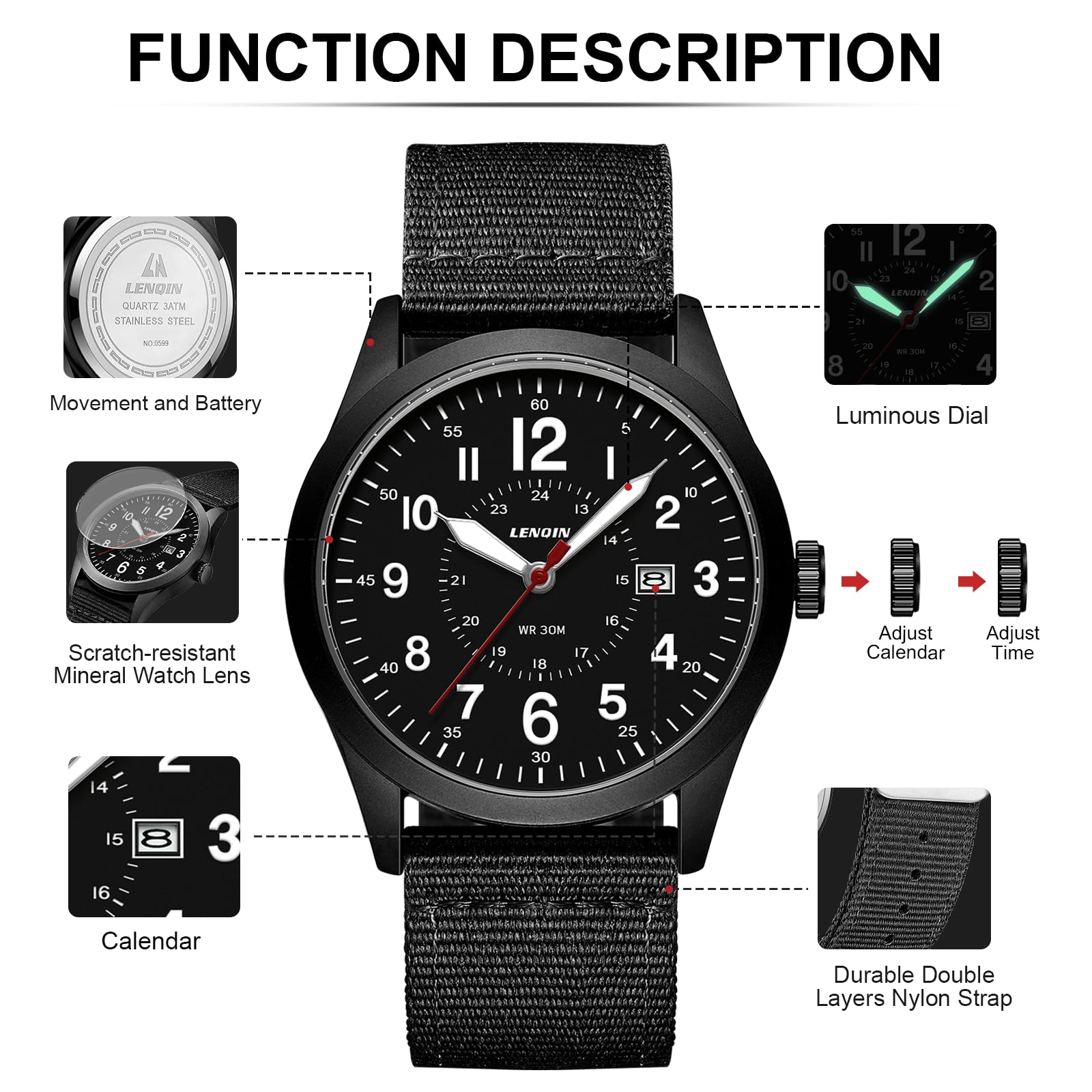 LN LENQIN Mens Watches Military Watch Sport Analog Quartz Waterproof Wrist Watch for Men with Date Luminous Army Tactical Field Casual Nylon Band