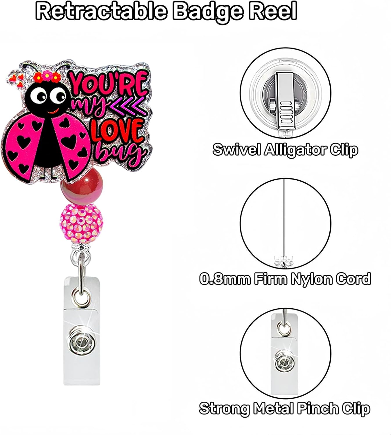 Funny Badge Reel, Cute Pink Ladybug Badge Acrylic Reels Retractable ID Name Card Badge Holder with Alligator Clip Valentines Holiday Gifts ID Accessories for Nurse Office Medical Worker Student - Image 5