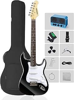 MOSEN MS-CS50 Full Size Beginner Electric Guitar, 39 Inch Solid Body & Maple Neck Guitars Set with Amplifier, SSS Pickups, Gig Bag, Pick, Tunner, Capo, Cable, Tremolo Bars - Black