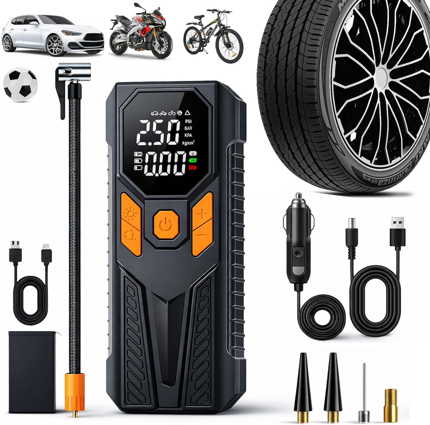 Brodys - Tire Inflator Portable Air Compressor,4X Faster Inflation,6000mAh Cordless/12V DC 150PSI Air Pump with Digital Pressure Gauge for Car,Motorcycle,Bike,Ball Gifts for Him, LED Light, AUTO