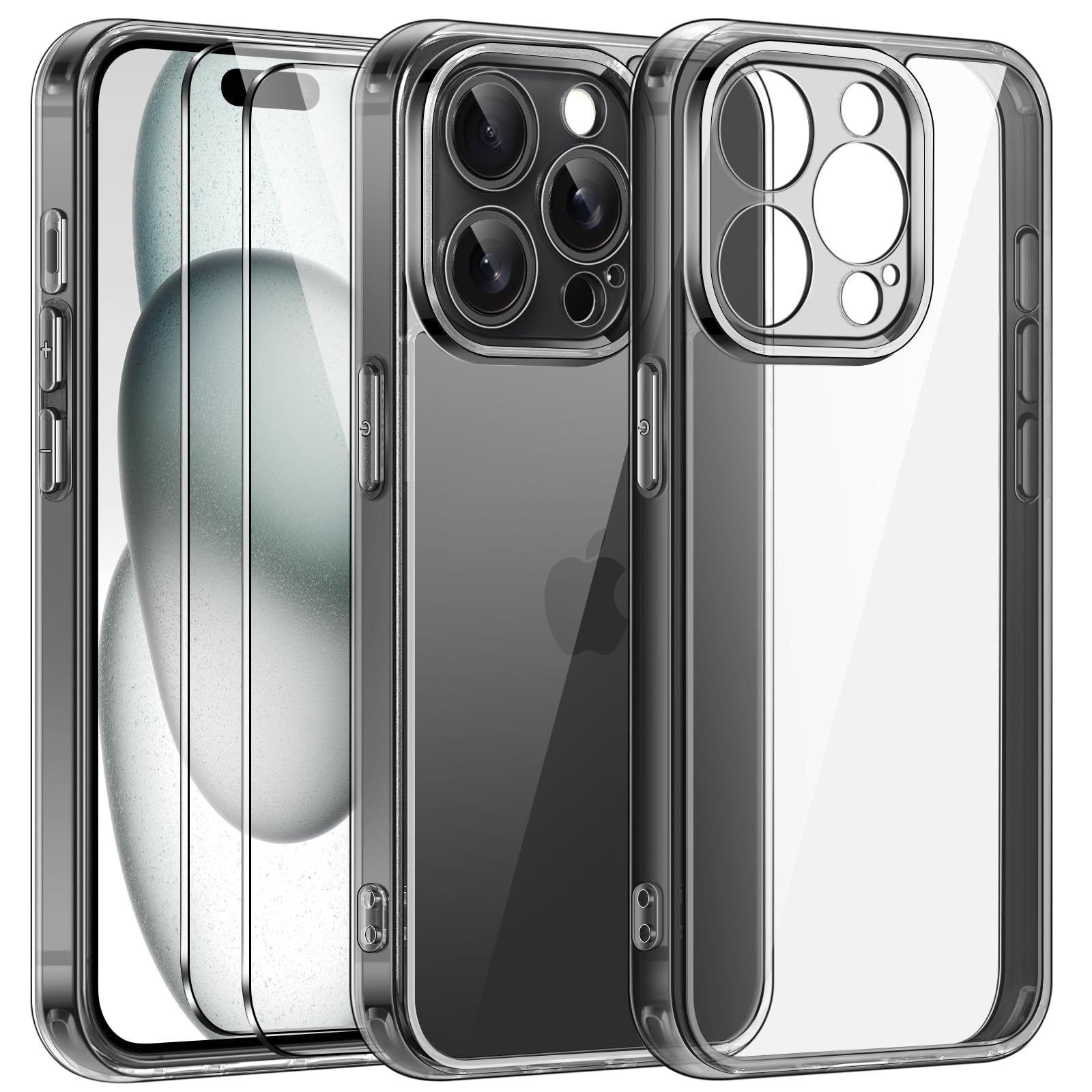 ivoler 3 in 1 Hülle für iPhone 15 Pro 6.1 Zoll, mit 2 Stück Schutzfolie, [Nie Vergilbung] [Militärischer Schutz] [Kameraschutz] Dünn Transparent Stoßfest Schutzhülle Kratzfest Case - Schwarz