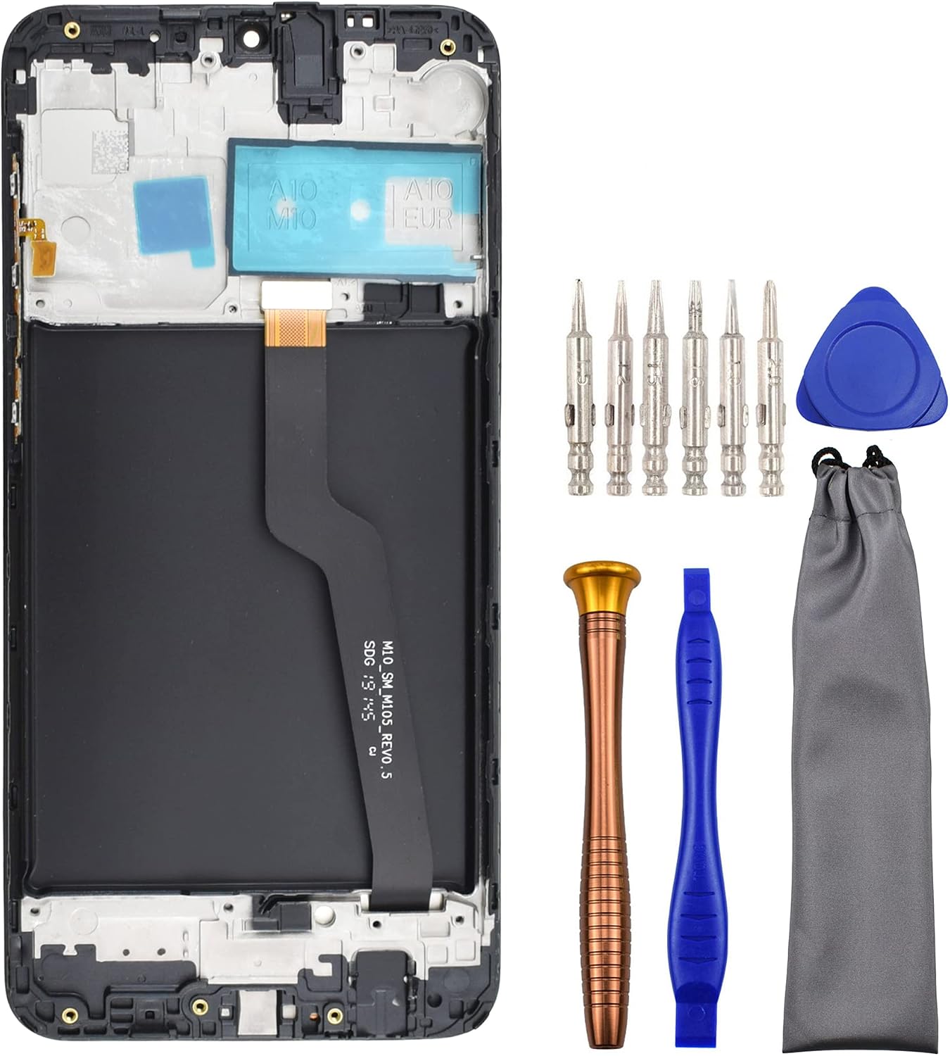Complete Screen LCD Digitizer Touch Assembly Replacement for Samsung Galaxy A10 SM-A105F SM-A105G with Tool Kit and Screen Frame Installed Black 6.2"