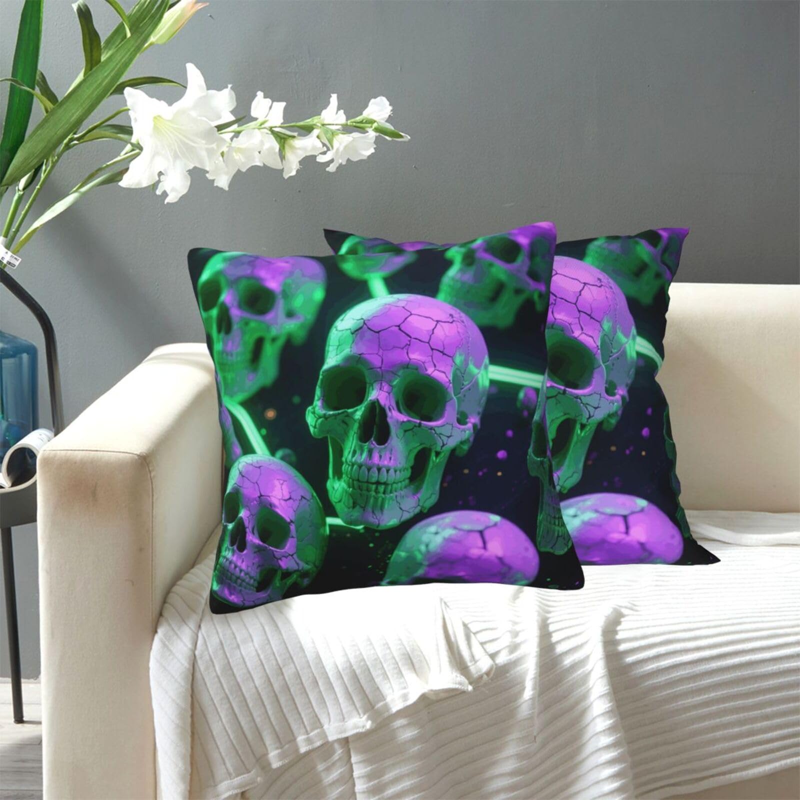 FekiLoot Decorative Throw Pillow Covers Modern Farmhouse Pillowcase Double Sided Cozy Cushion Cover for Sofa Couch Bed 20"X20" Green Purple Skull