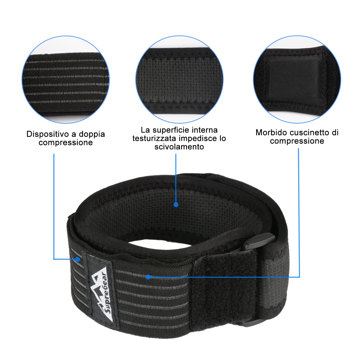 SupreGear ITB Fascia per Ginocchio, Regolabile Patella Strap per Tendinite, Confortevole, Patella Ginocchio la Cinghia Traspirante con Compressione per Sindrome della Fascia Ileotibiale - Nero