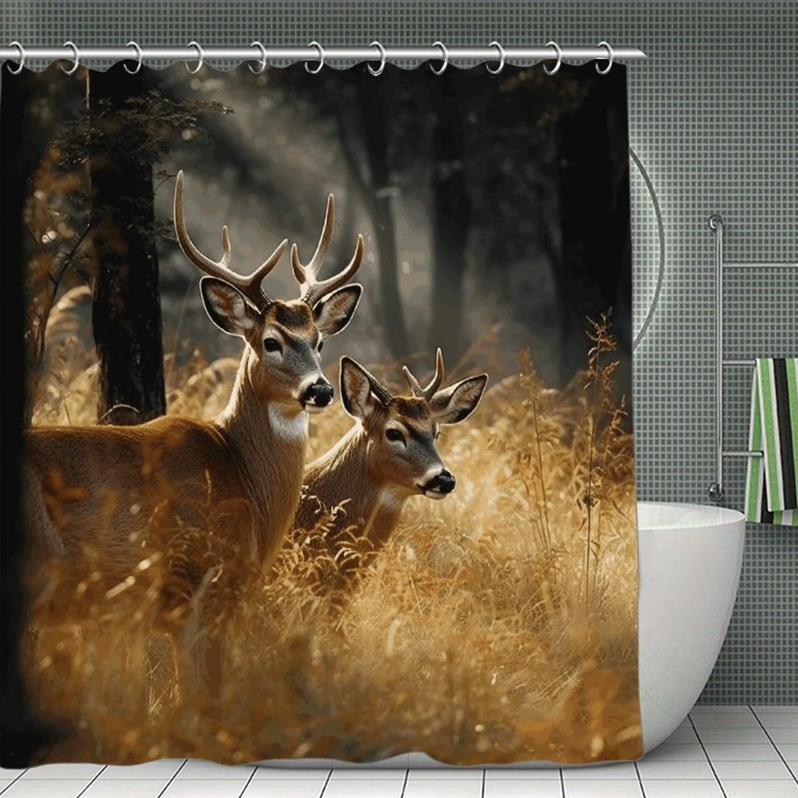 VstaDank Nature Wild Animal Deers Shower Curtain Waterproof Bathroom Curtain with Hooks Luxury Weighted Bath Curtains for Bathtubs Showers Room Dividers Decorative Shower Curtains 71x71 in
