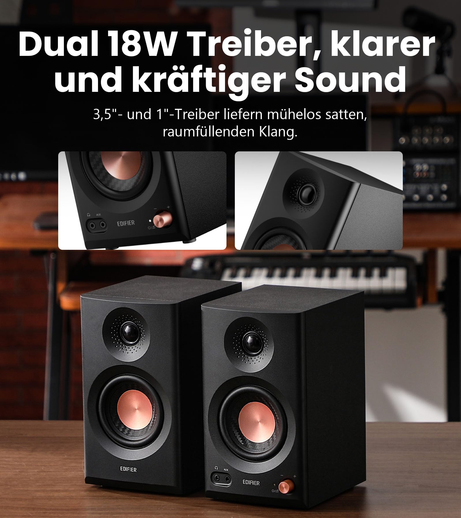 Edifier MR3 Kompakter Studio-Lautsprecher 2.0, Hi-Res Audio, Bluetooth V5.4, physische Steuerungen, RCA, AUX, Mobile App, 2 x 18 W, Schwarz