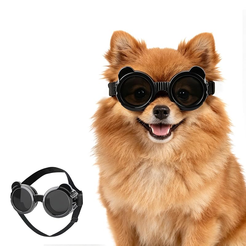 Óculos de Sol para Cães Pequenos PETLESO com Lentes UVA/UVB, Ajustáveis e Antivento, B-Black