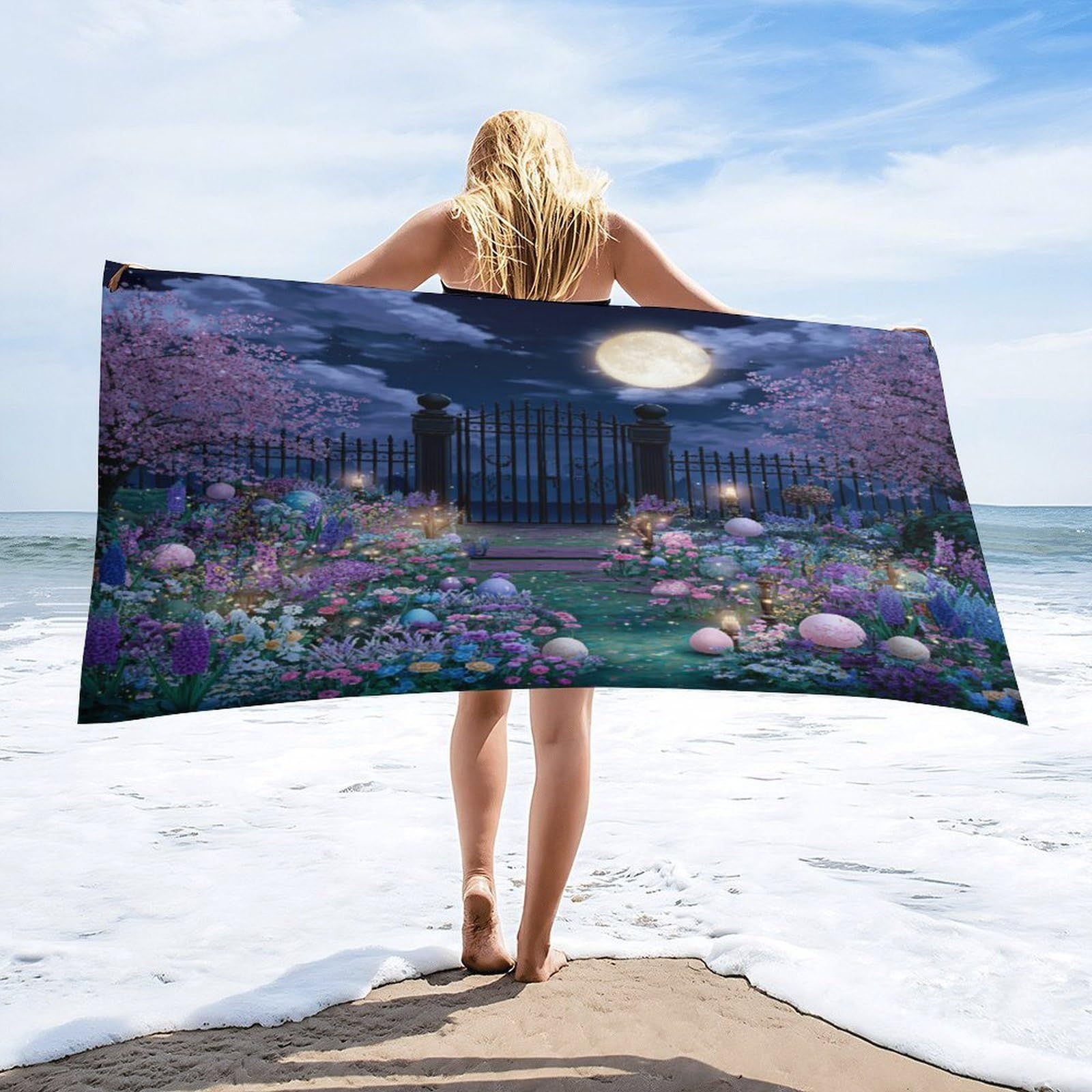 Luyysky Fantasy Classic Colorful Eggs Quick-Drying Beach Towel, Retro Watercolor Easter Full Moon Garden Plant Cherry Blossom Travel Vacation Single Sided Pile Bathroom Towels-80 W Cm X 160" L Cm
