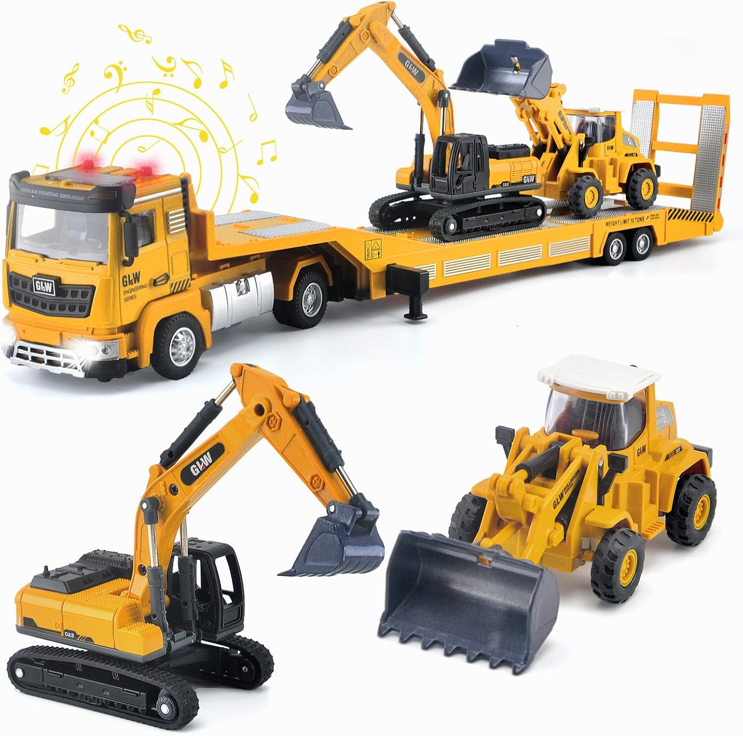 Construction Toy Set for Kids with Excavator, Bulldozer, Semi Truck - Real Lights & Sounds, Alloy Die-Cast Engineering Vehicles, Toys for 3 4 5 6 7 8 Year Old Boys, Birthday Gifts for Kids